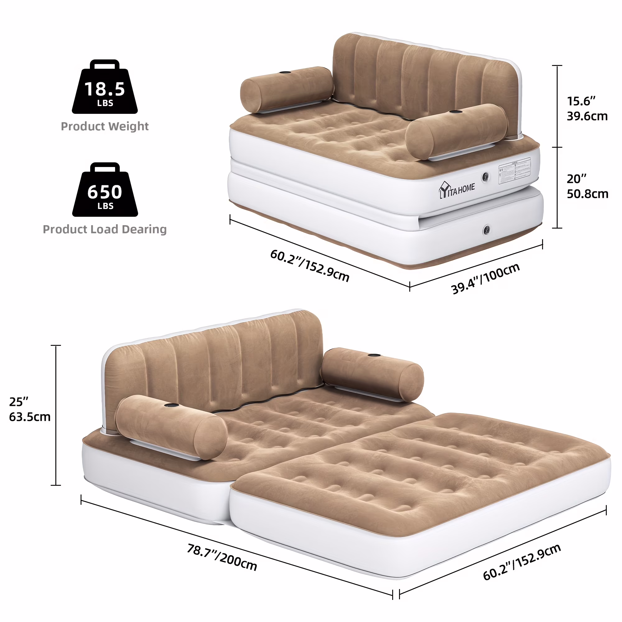 Inflatable Air Sofa Bed 2-in-1 Backrest Couch Airbed With Headboard And Pump Convertible Blow Up Bed Mattress For Home, Camping, And Guests, Living Room Furniture, Queen Size - Image 4