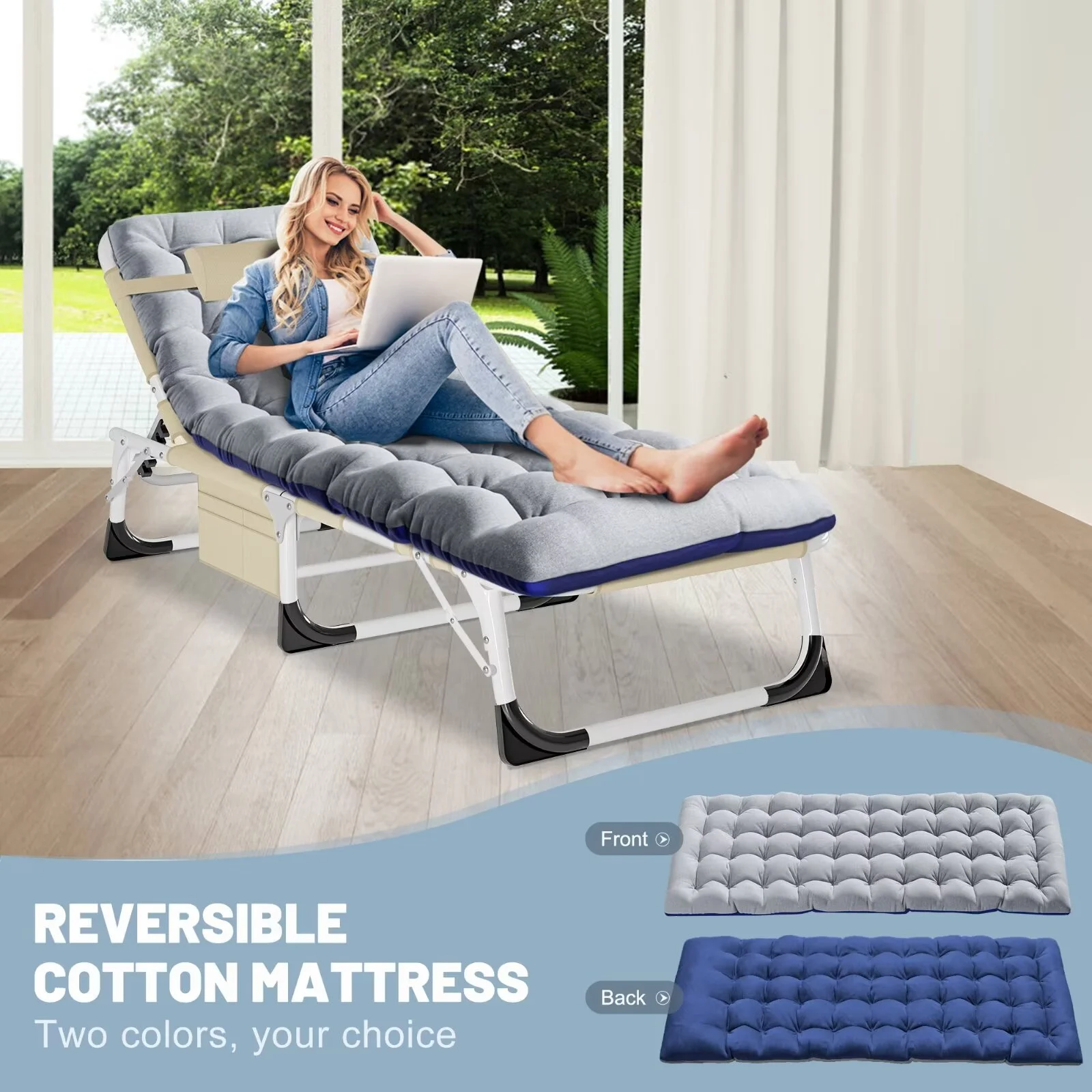 MOPHOTO Lounge Chair with Mattress, Outdoor Chaise Lounge Support 440 Lbs, Adjustable Portable Heavy Duty Sleeping Cots Bed for Camping, Pool, Beach, Patio - Image 38