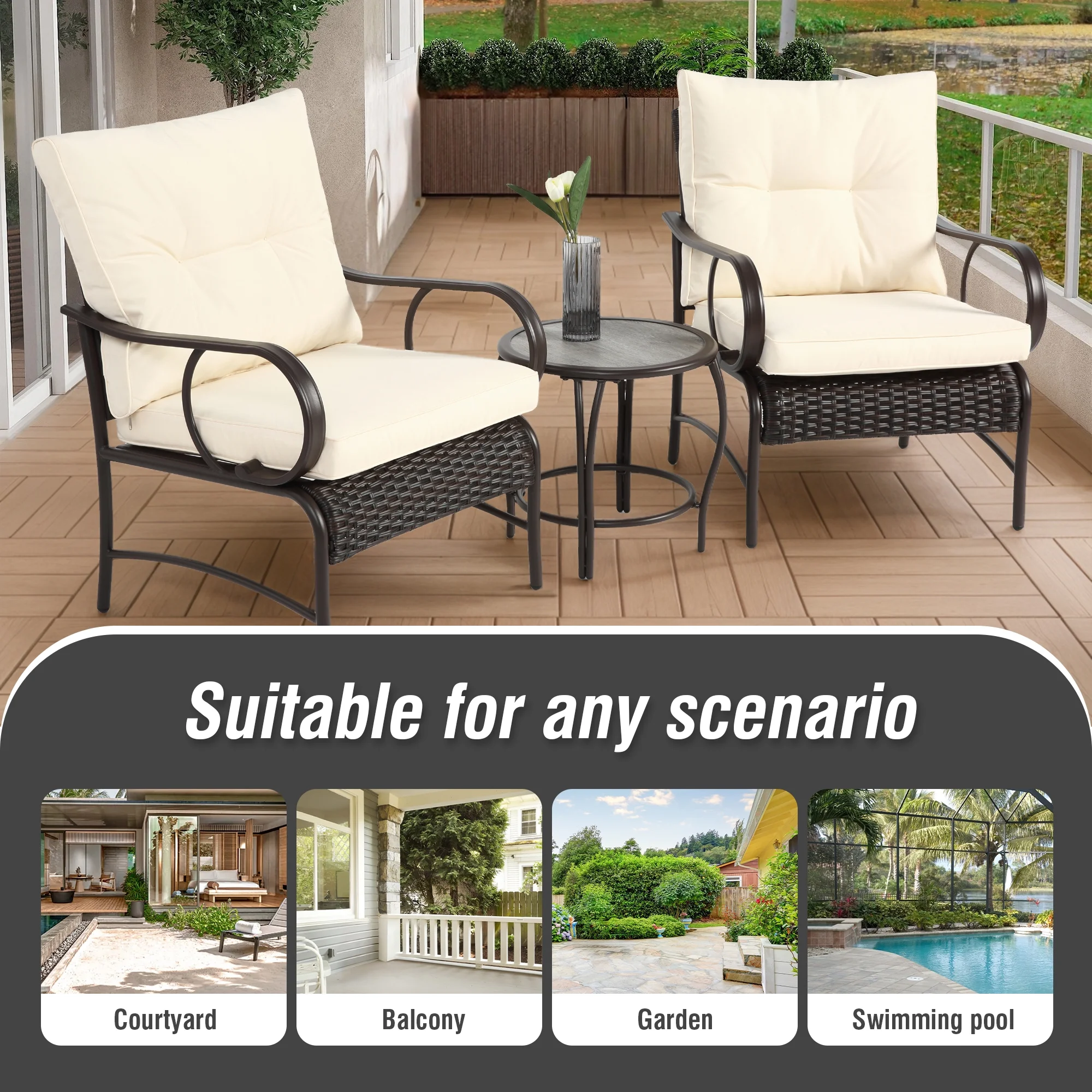 Villeston 3 Piece Outdoor Wicker Conversation Patio Set, with 2 Chairs, Table for Porch Garden,Blue - Image 23