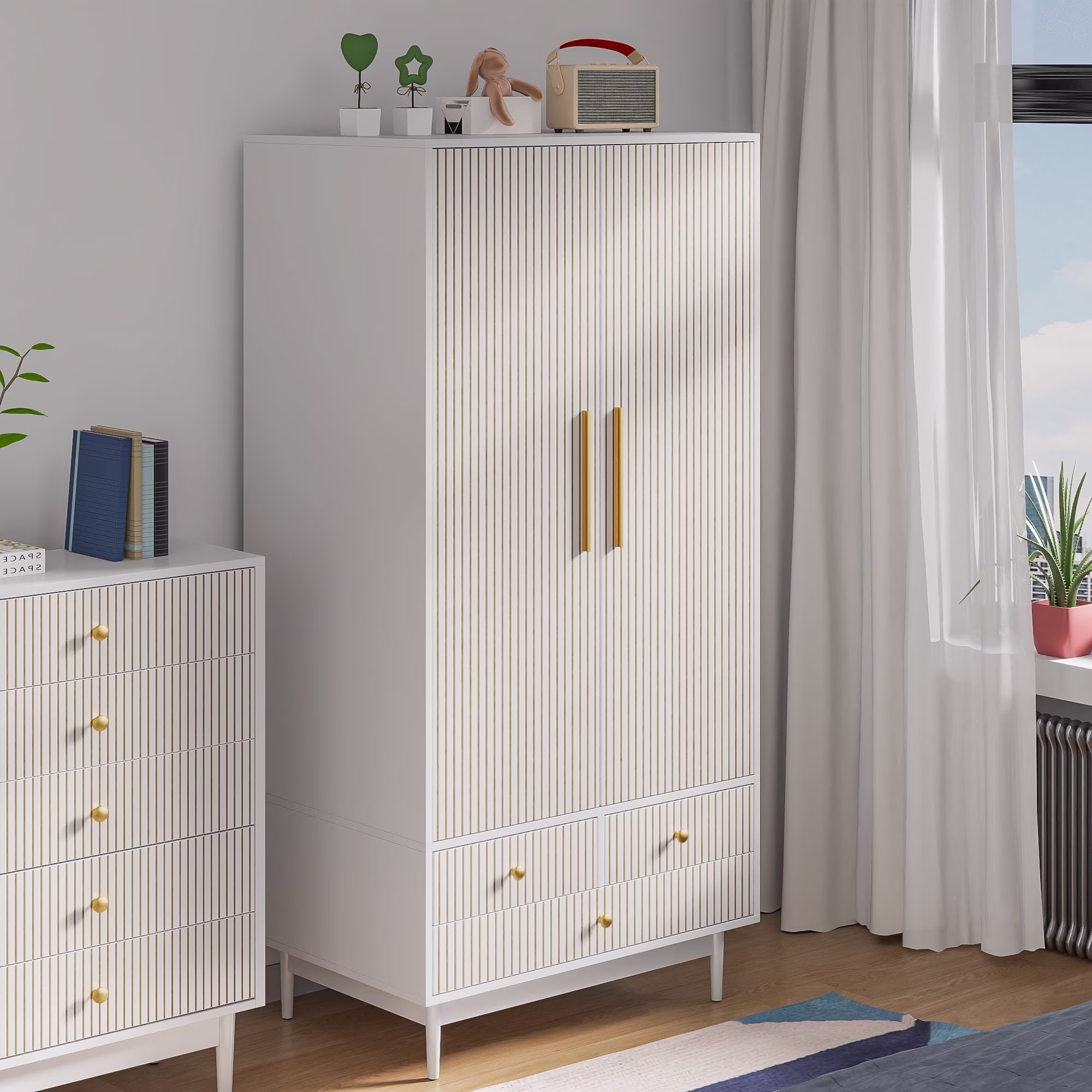 Oubayajia Wardrobe Armoire Closet, 2 Fluted Doors Wardrobe Cabinet with 3-Drawer and Hanging Rod, Wood Wardrobe Storage for Bedroom - Image 5