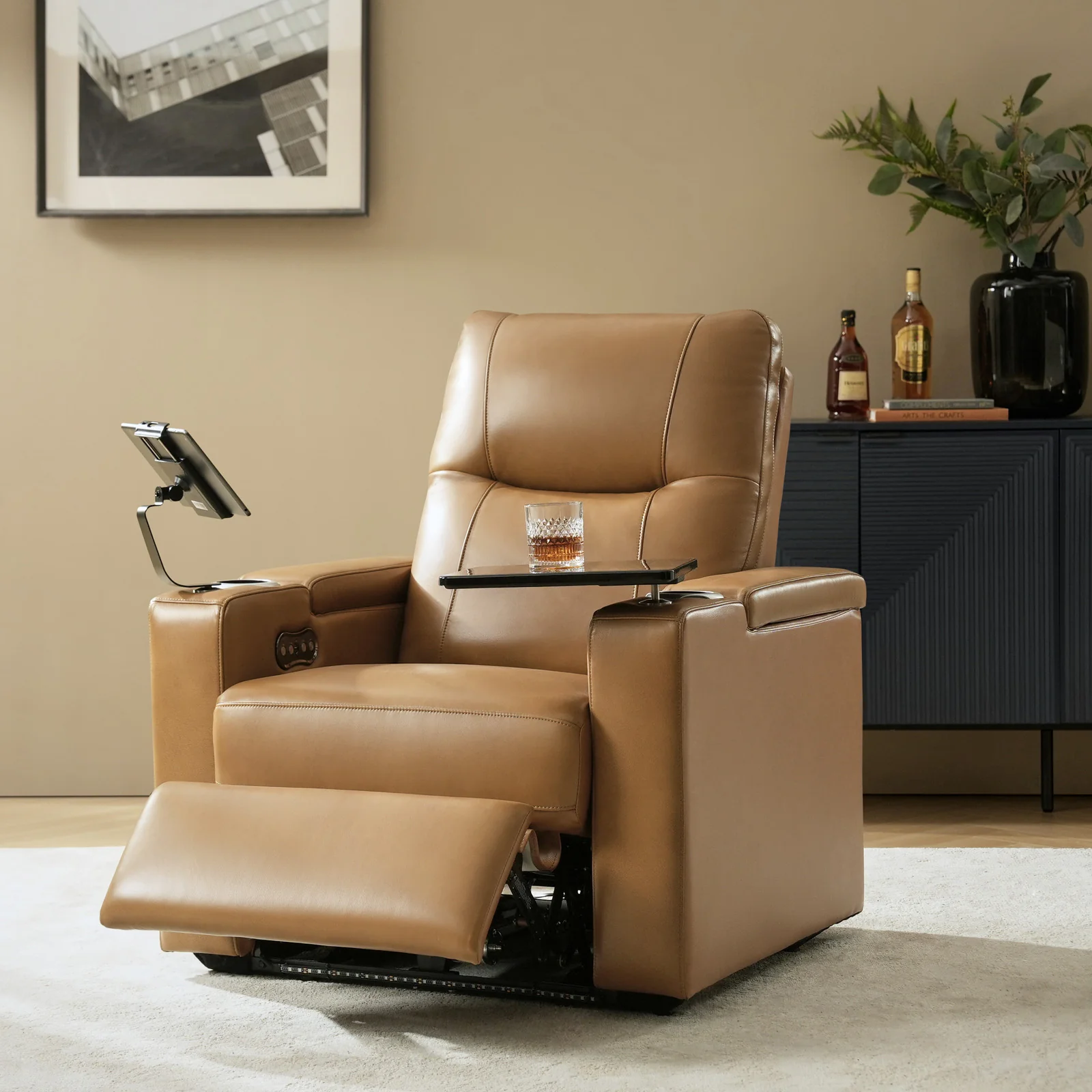 WAYFAIR Iliana Electric Genuine Leather Recliner With Small Table And Phone Holder