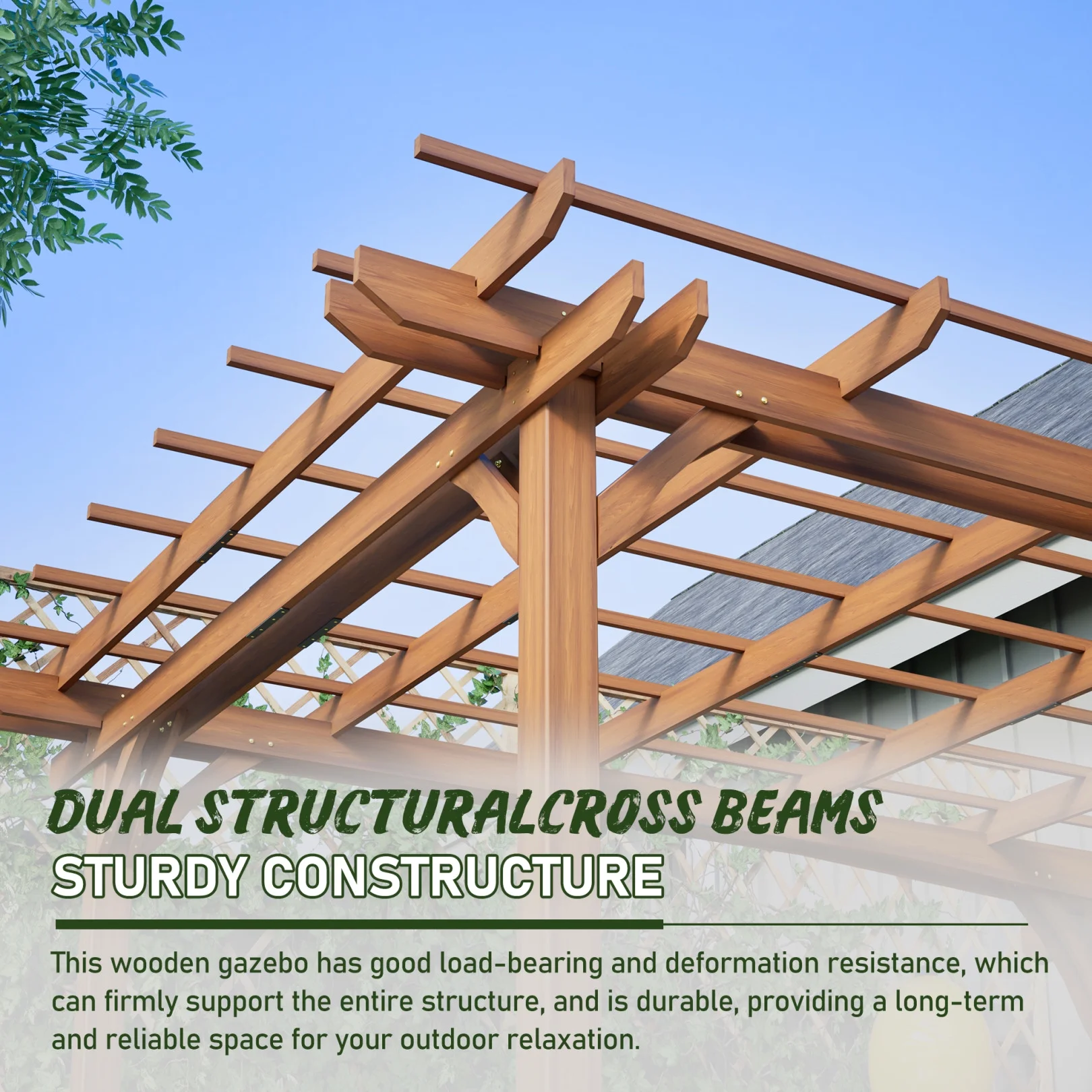 12 x 10 FT Outdoor Pergola, Wooden Pergola Gazebo with Climbing Plant Support and Waterproof, for Patio Porch Garden Backyard, Brown - Image 4
