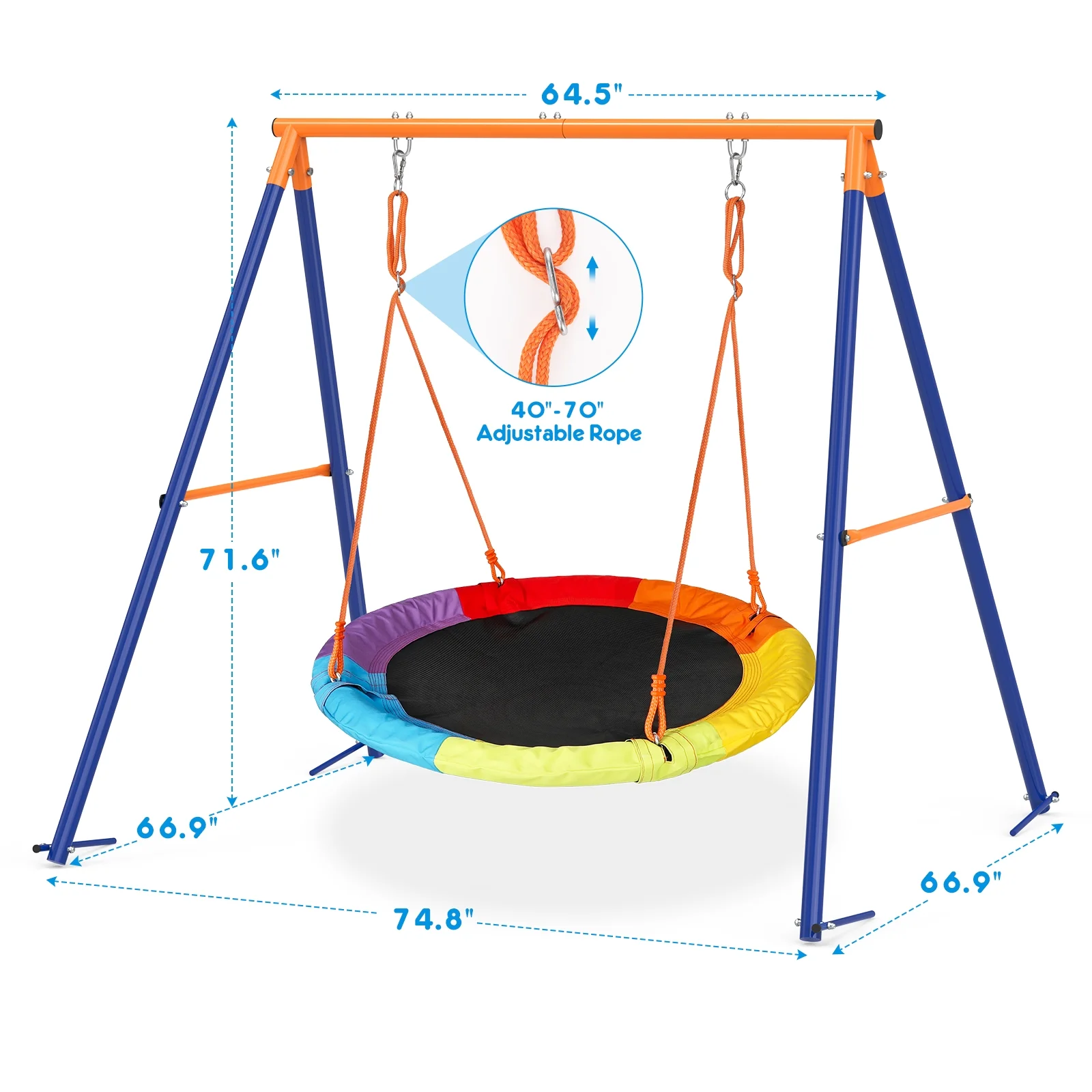 GIKPAL Swing Sets for Outside 440lbs Swing Set for 2-3 Kids Outdoor with Heavy-Duty Metal Frame & Adjustable Ropes Round Swing, Rainbow - Image 3