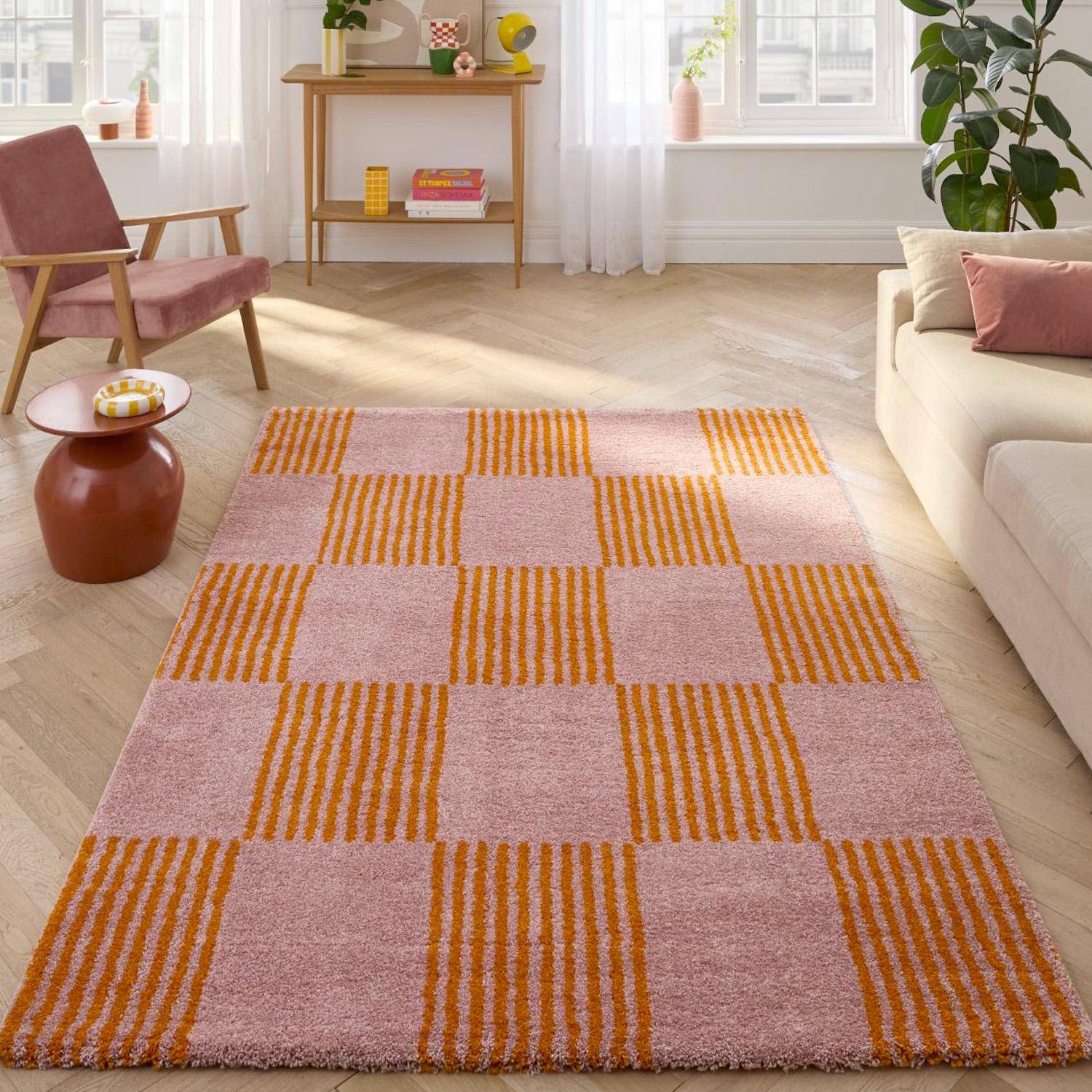 Fergew - Alfombra interior con patrón damero naranja y rosa