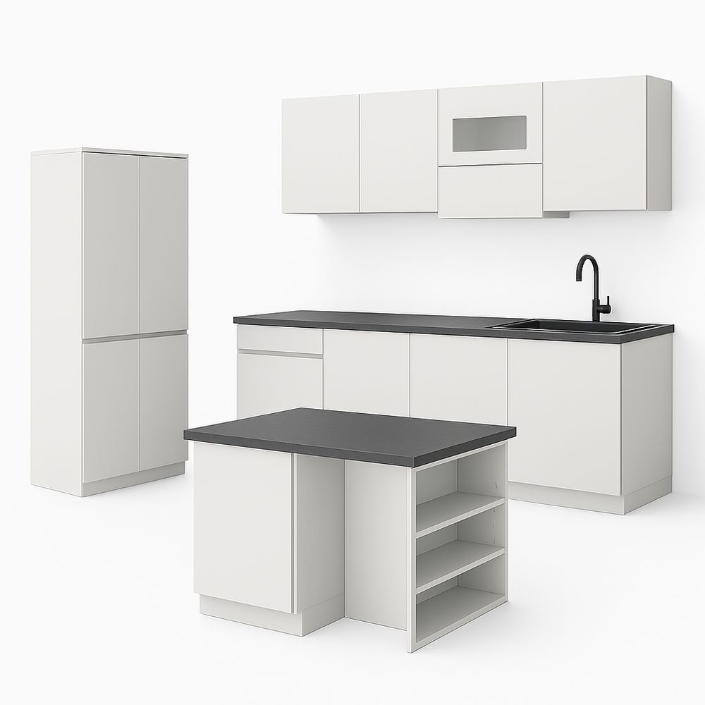 Mueble de cocina blanco moderno con encimera de granito,mesa de isla y armarios espaciosos