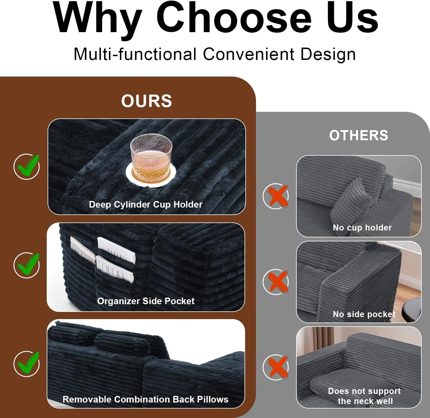 Cloud Sectional Couch with L-Shape Chaise Modern Modular Sofa Deep Seat Built-in Cup Holder