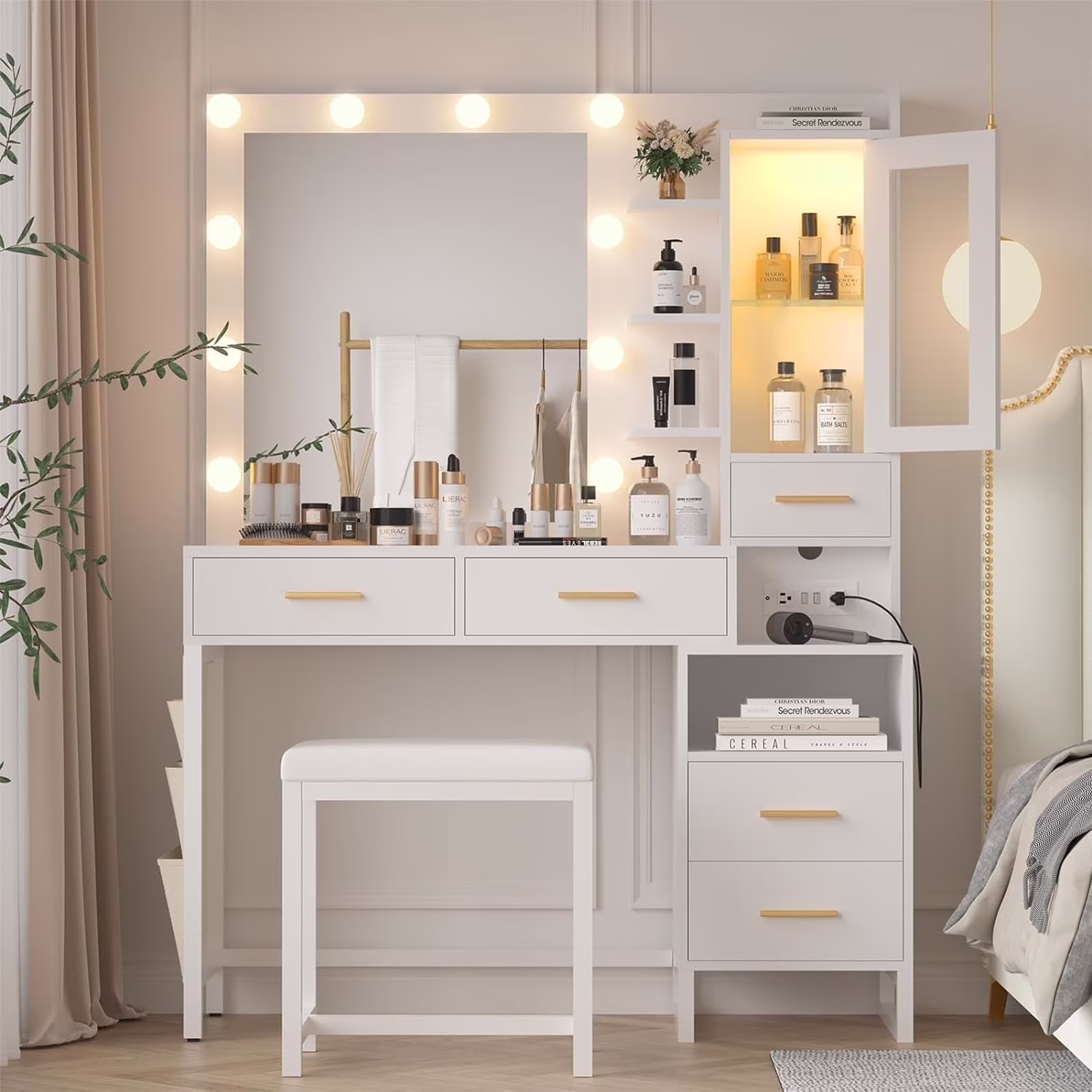 Makeup Vanity Desk with Mirror and Lights, White Vanity Desk with Charging Station, LED Cabinet, 5 Drawers Storage Bag, Vanity Mirror with Lights Desk and Chair, Vanity Table Set with Stool(with Sliding Storage Door/White)