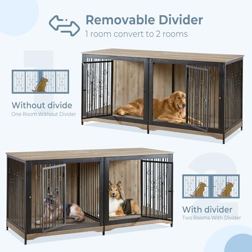 71'' Dog Crate Furniture for 2 Large Medium Dogs, XXL Wooden Indoor Double Crate Kennel Cage Large Breed with Door, TV Stand End Table with Divider, No Cushion,Brown