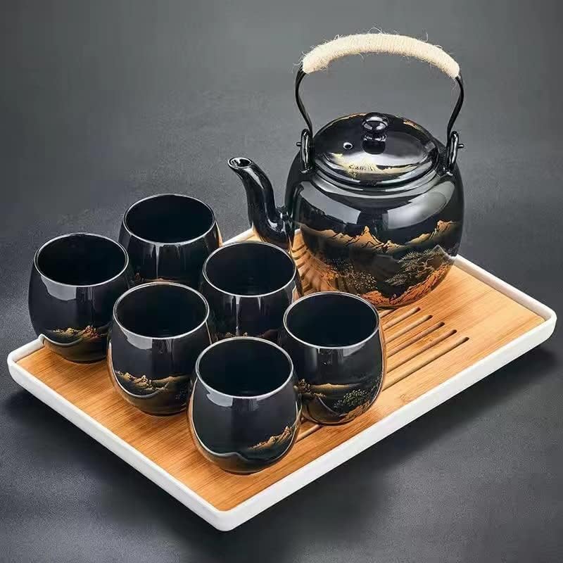Japanese Tea Set, Black Glazed Tea Set in Gift Box With 1 Teapot, 1 Tea Strainer, 1 Tea Tray and 6 Tea Cups. Ideal Tea Set for Office Home, Asian Tea Sets for Tea Lovers(Landscape Blue)