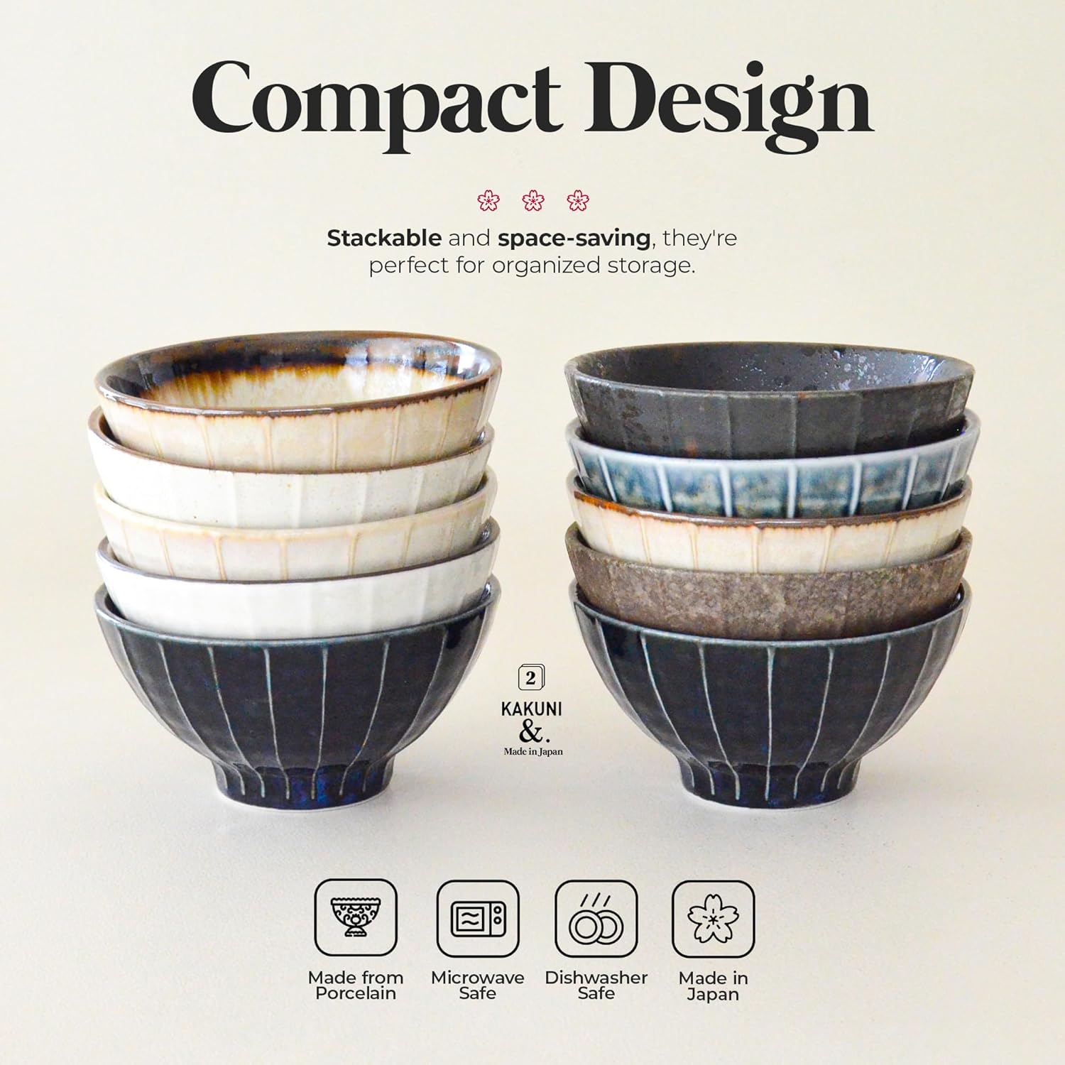 Set of 5 Japanese Ceramic Striped Ichichin Rice Bowls, Deep Soup & Eating Bowls with Distinctive Three-Dimensional Lines,Convenient, Stackable, for Cooking Prep & Serving (Black)
