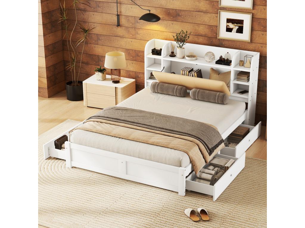 Cama doble de 160x200cm, con 4 cajones, somier y cabecero con varios espacios de almacenamiento, blanco