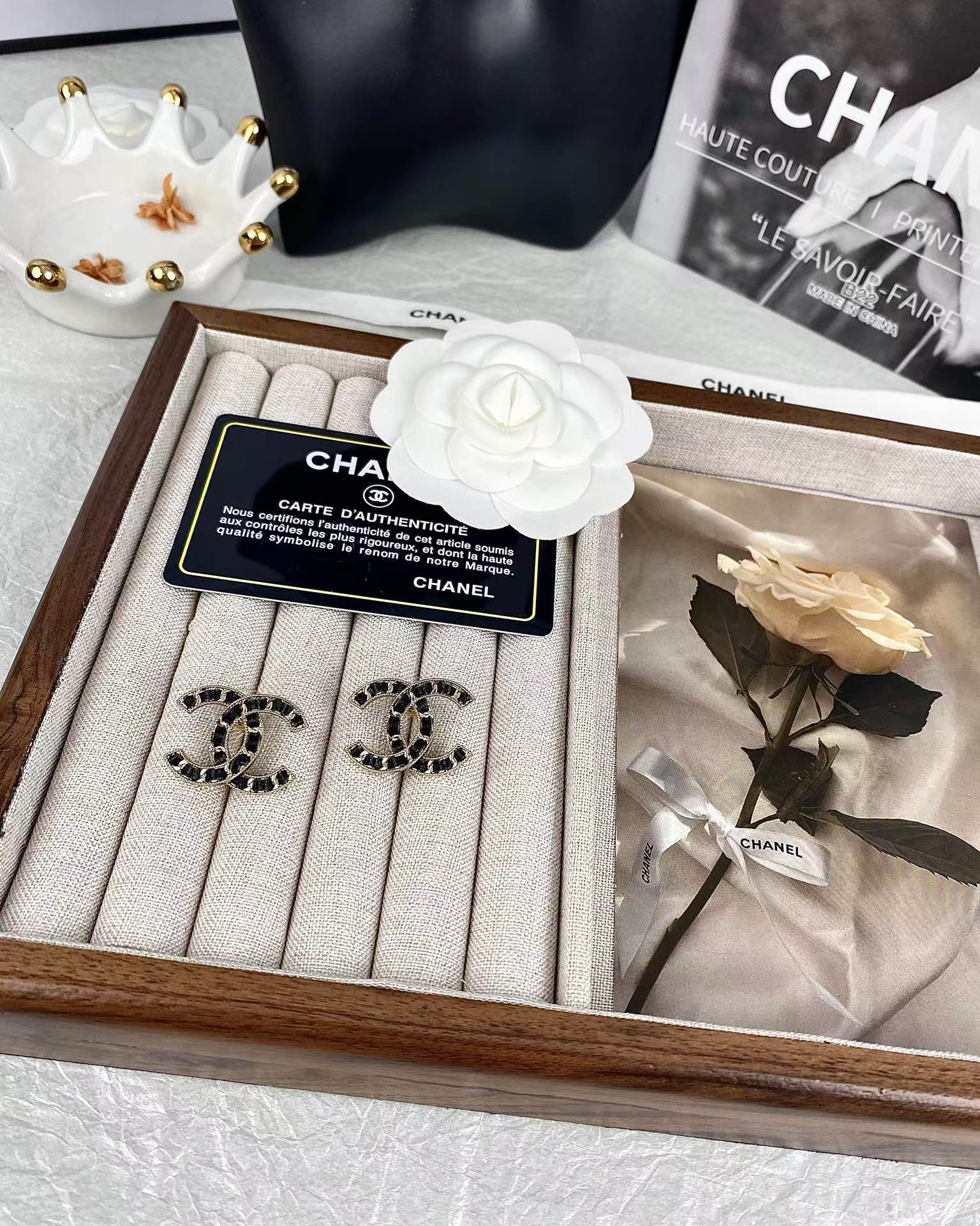 Chanel Light Gold & Black Leather Double C Earrings - Original Replica Club