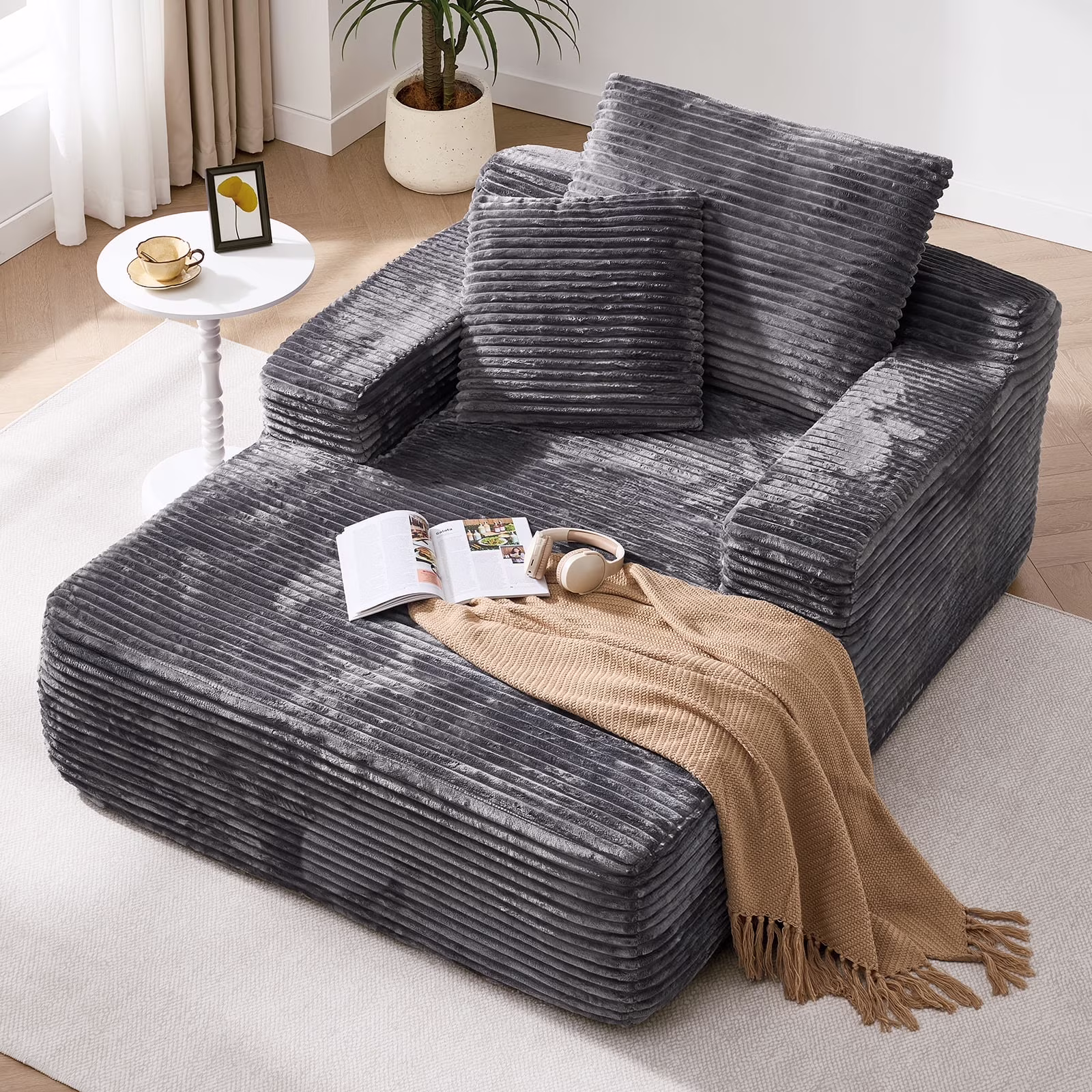 65" Corduroy Cloud Sleeper Chaise Lounge Chair, No Assembly Sofa Bed with Pillows, Beige - Image 3