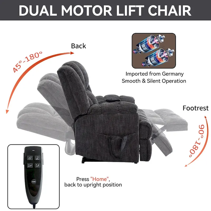 Grey Oversized Chenille Power Lift Recliner with Massage, Heating, and Flat Lay Feature