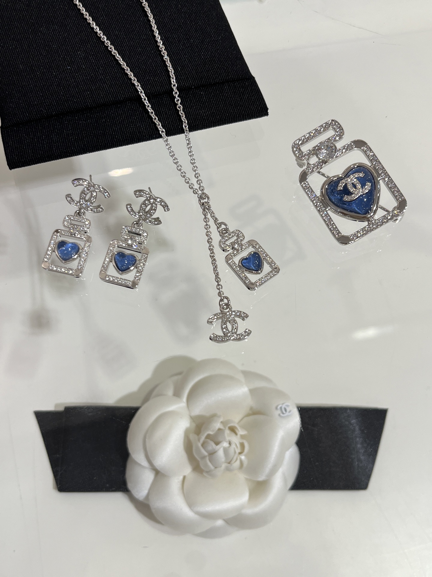Chanel Heart Blue Crystal Perfume Bottle Earrings Brooch Necklace in Silver-tone - Original Replica Club