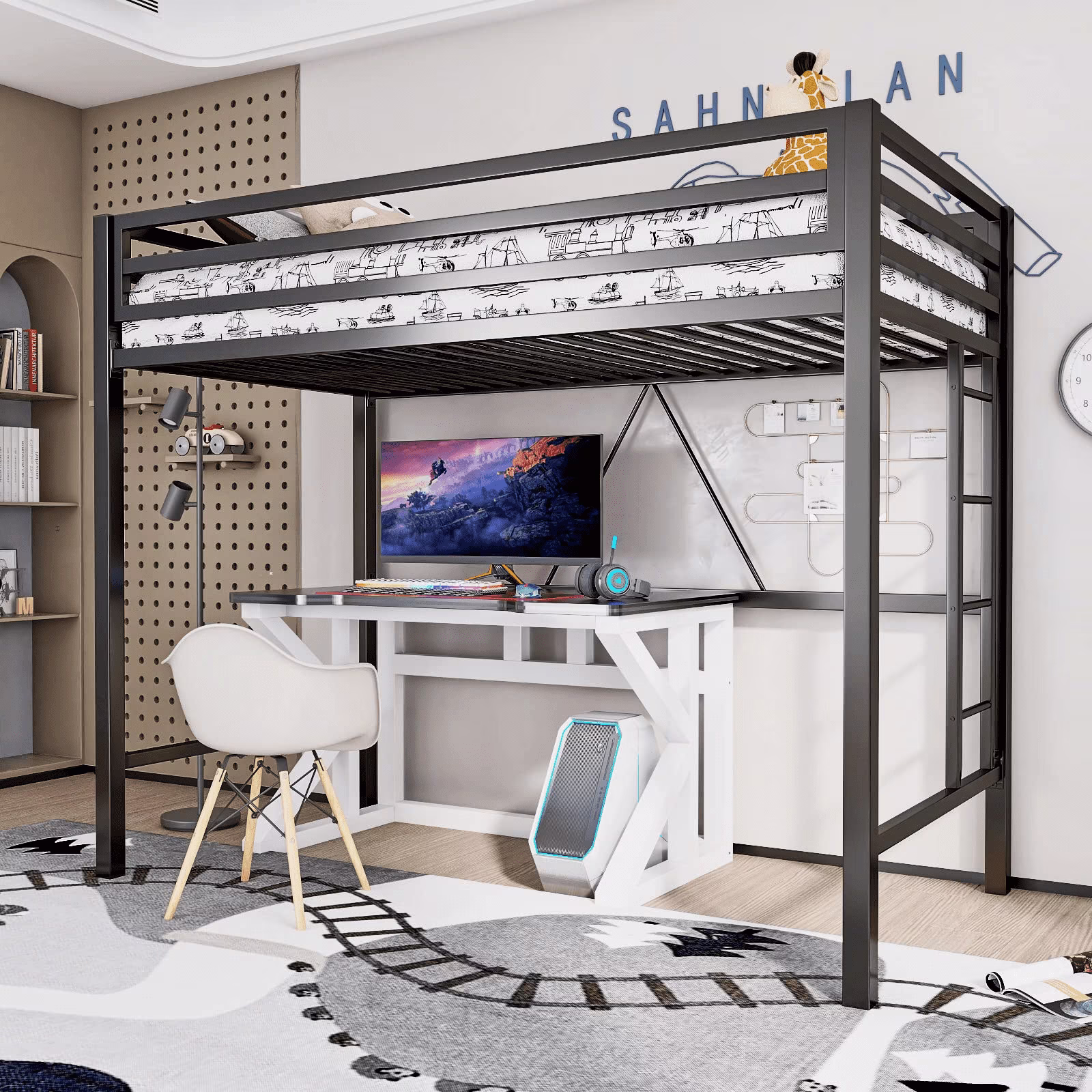 Einfach Metal Twin Size Loft Bed with Removable Ladder & Full-Length Guardrail, White - Image 3