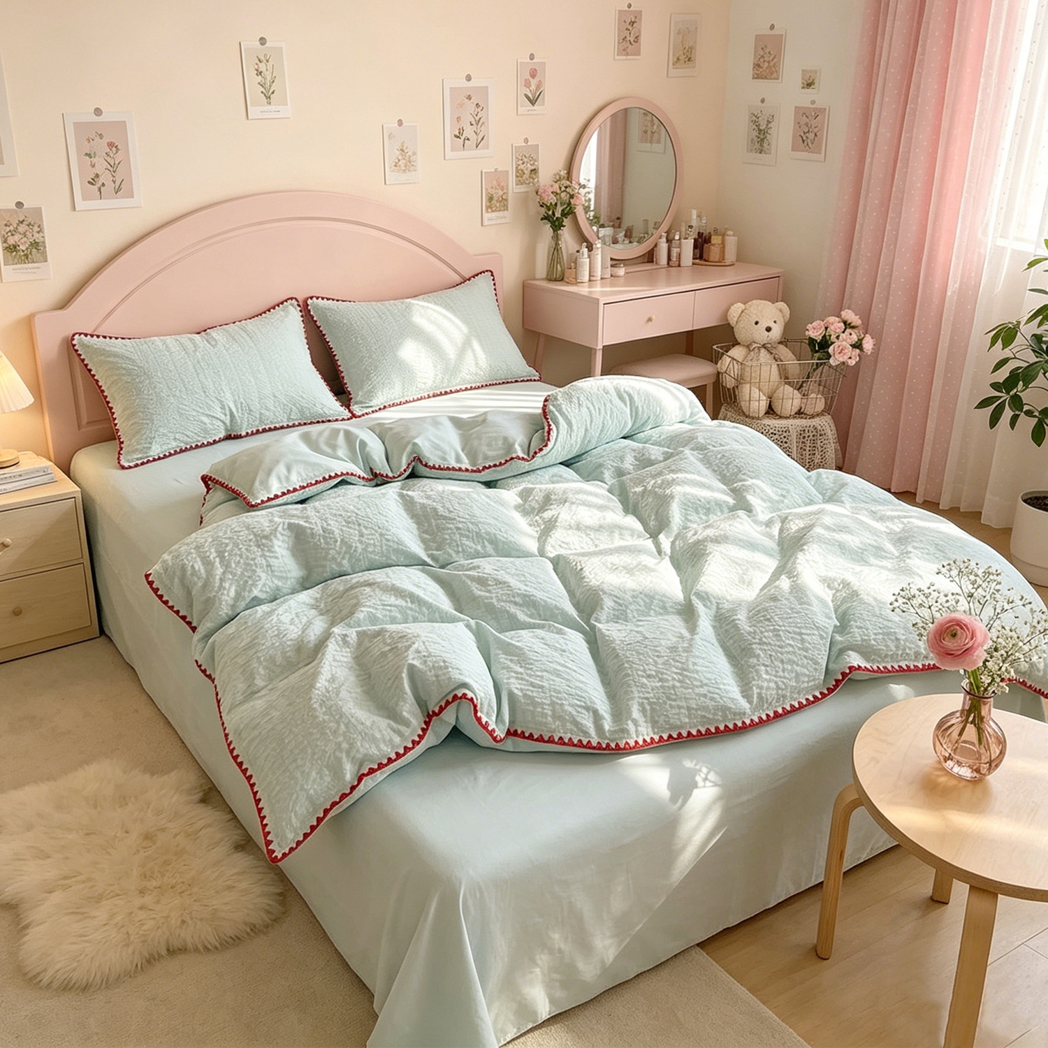Summer Washed Cotton Bedding Set Soft Durable Breathable Embroidery Edge Bedding Set Suitable for All Home Hotel