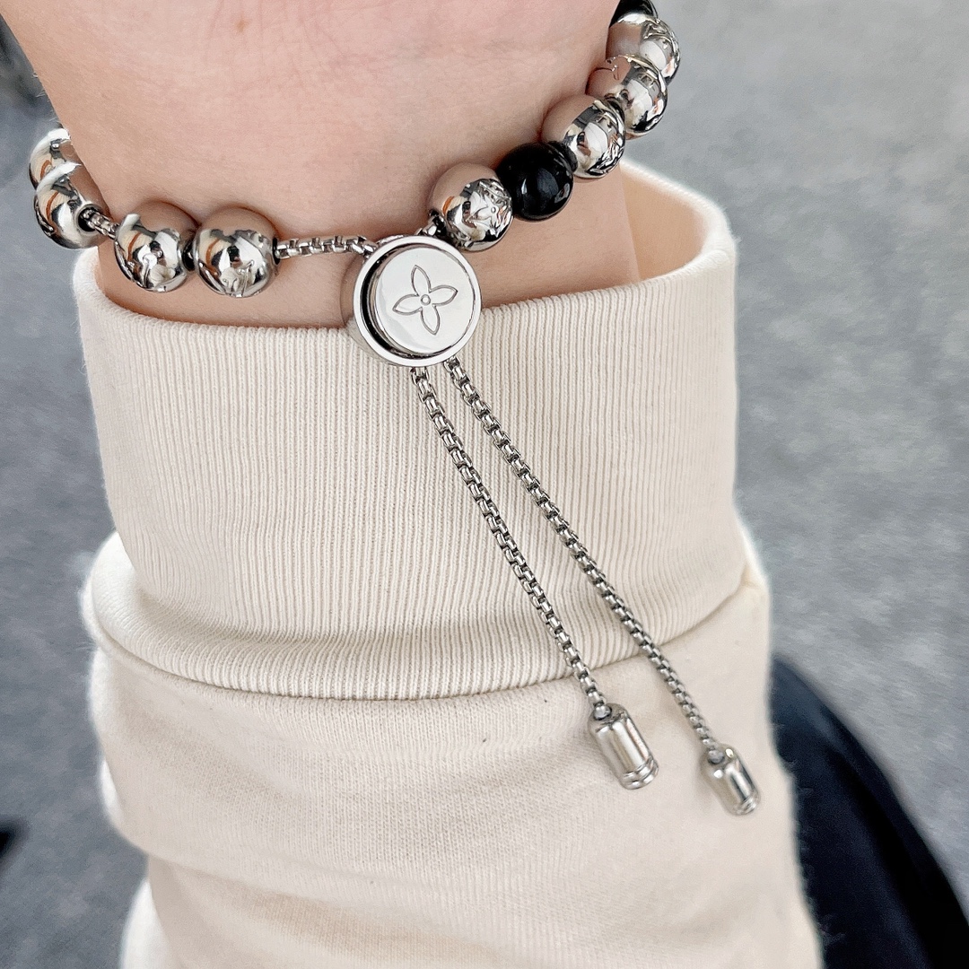 Louis Vuitton Pullable Black and Silver Monogram Beads Bracelet - Original Replica Club