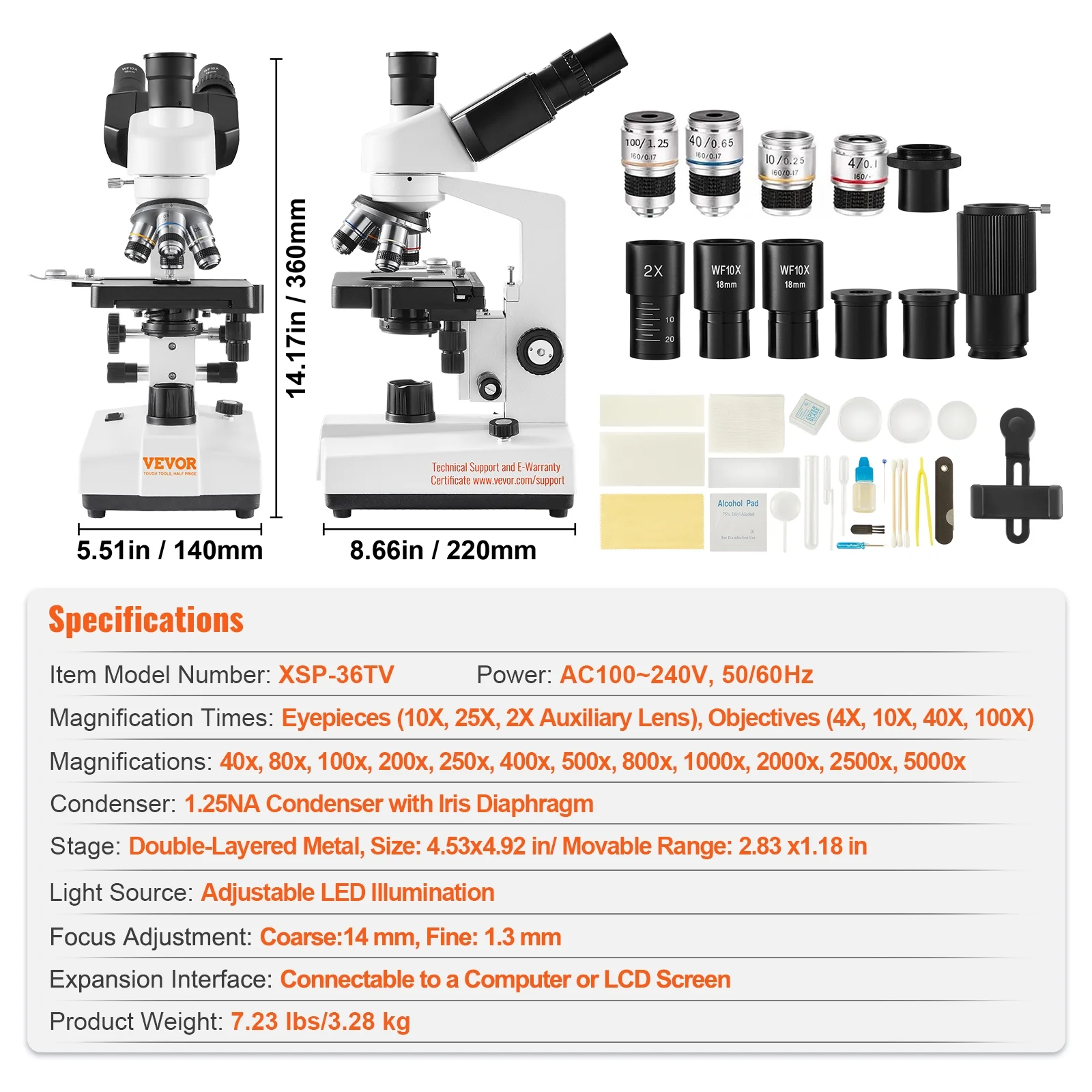 VEVOR Compound Trinocular Microscope, 40X-5000X Magnification Trinocular Compound Lab Microscope with Two-Layer Mechanical Stage, External Interface, LED Illumination and Microscope Slides Included - Image 7