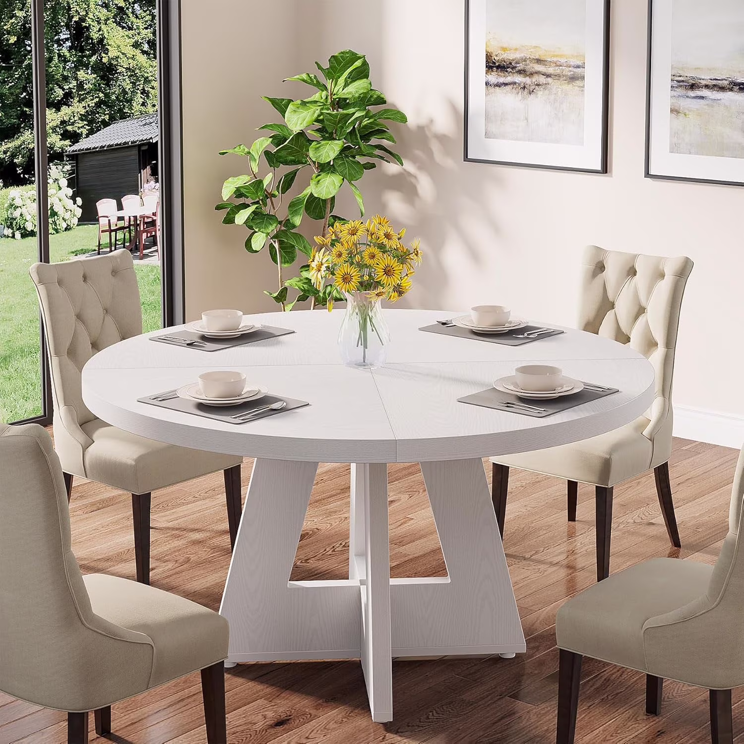 Tribesigns Round Dining Table for 4, Grey Kitchen Table 47 Inch Farmhouse Wood Kitchen Dinning Table for Kitchen Living Room - Image 5