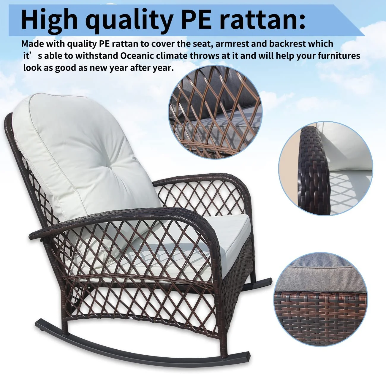 Furniture One 2 Piece Outdoor Wicker Rocking Chair, Patio Rattan Rocker Chair with Cushions & Steel Frame, All-Weather Rocking Lawn Wicker Furniture for Garden Backyard Porch - Image 4