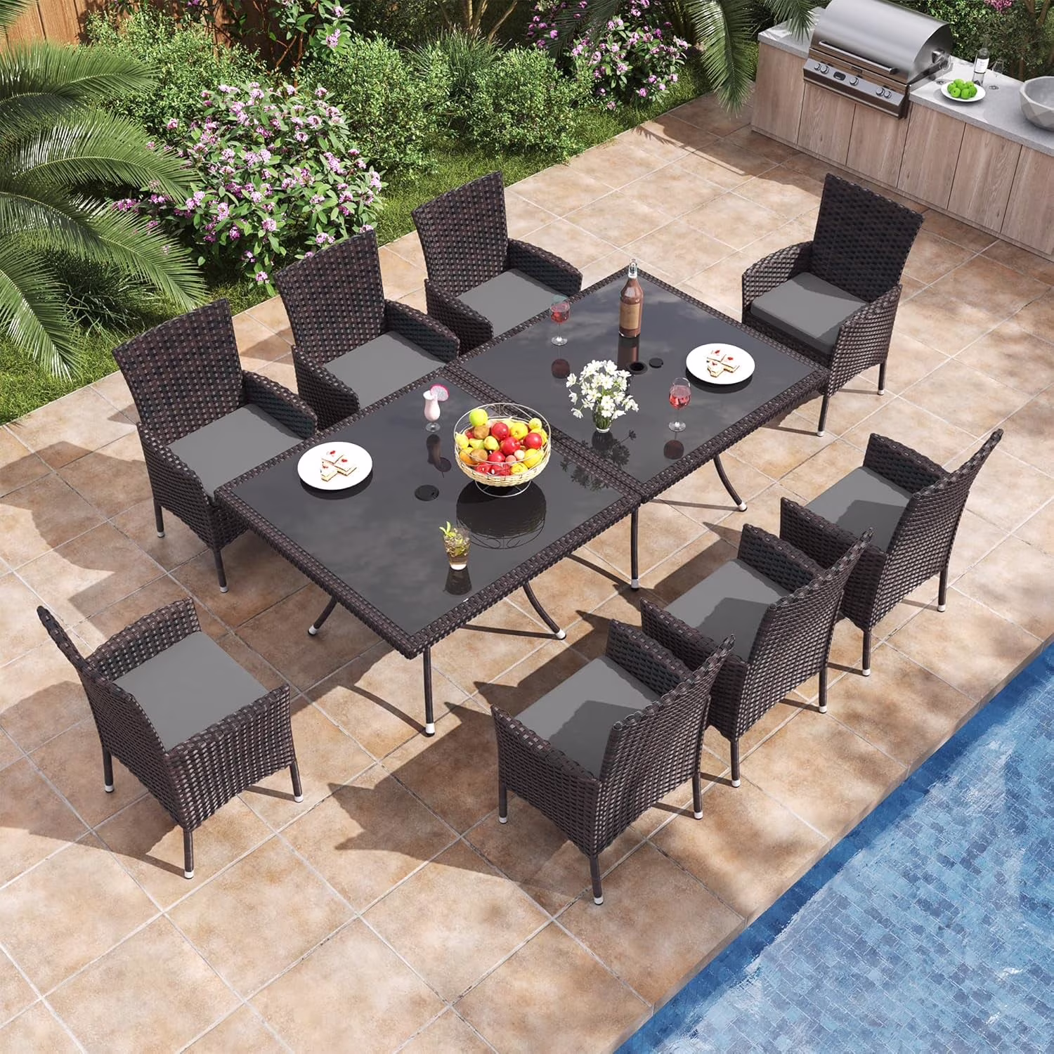 ALAULM 5 Pieces Patio Dining Set Outdoor Rattan Furniture with Square Glass Tabletop 4 Chairs with Cushions for Patio, Backyard Outdoor Kitchen Lawn & Garden Blue - Image 3