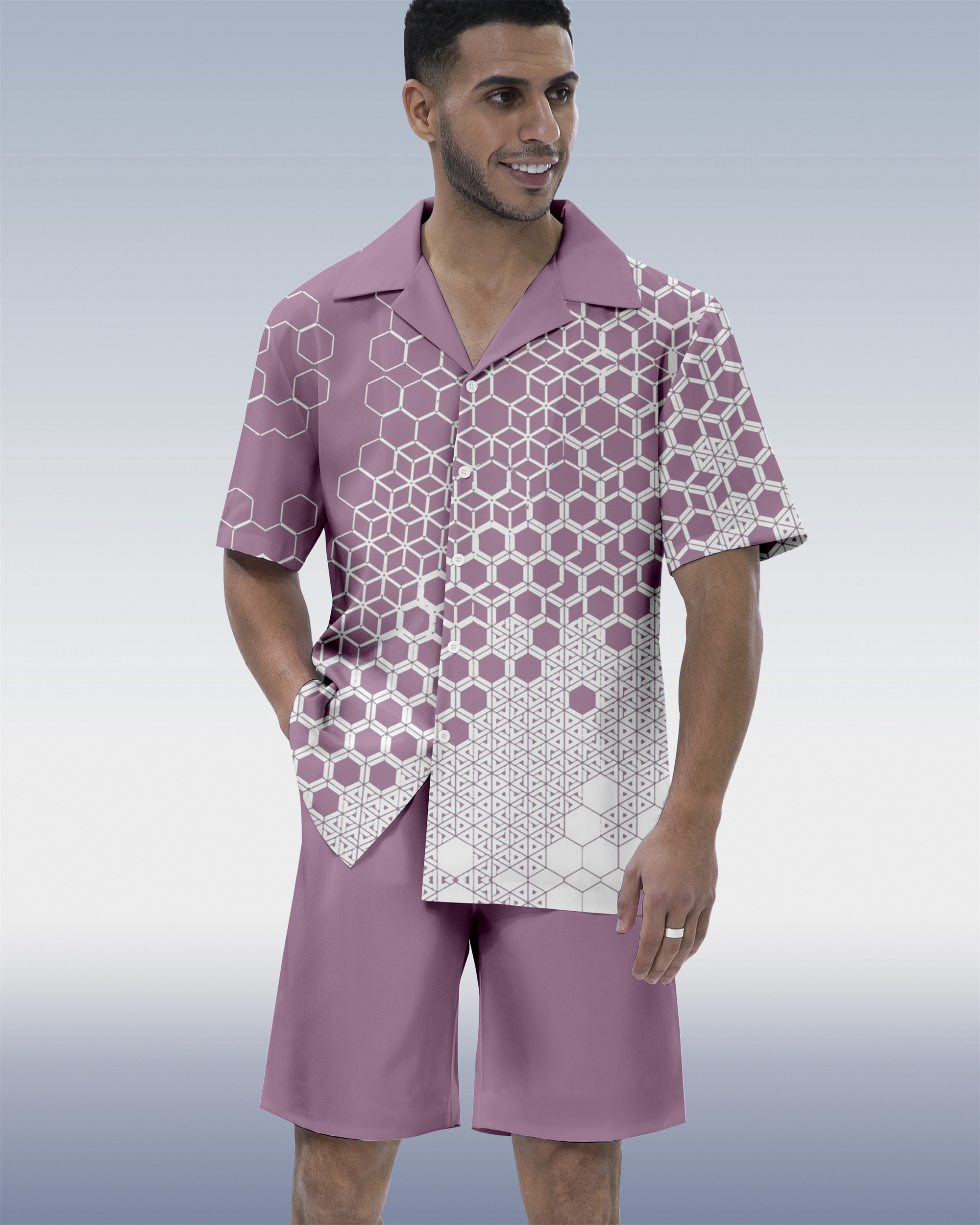 Men's Colorblock Geometric Hawaiian Cuban Collar Short Sleeve Shirt Set 07