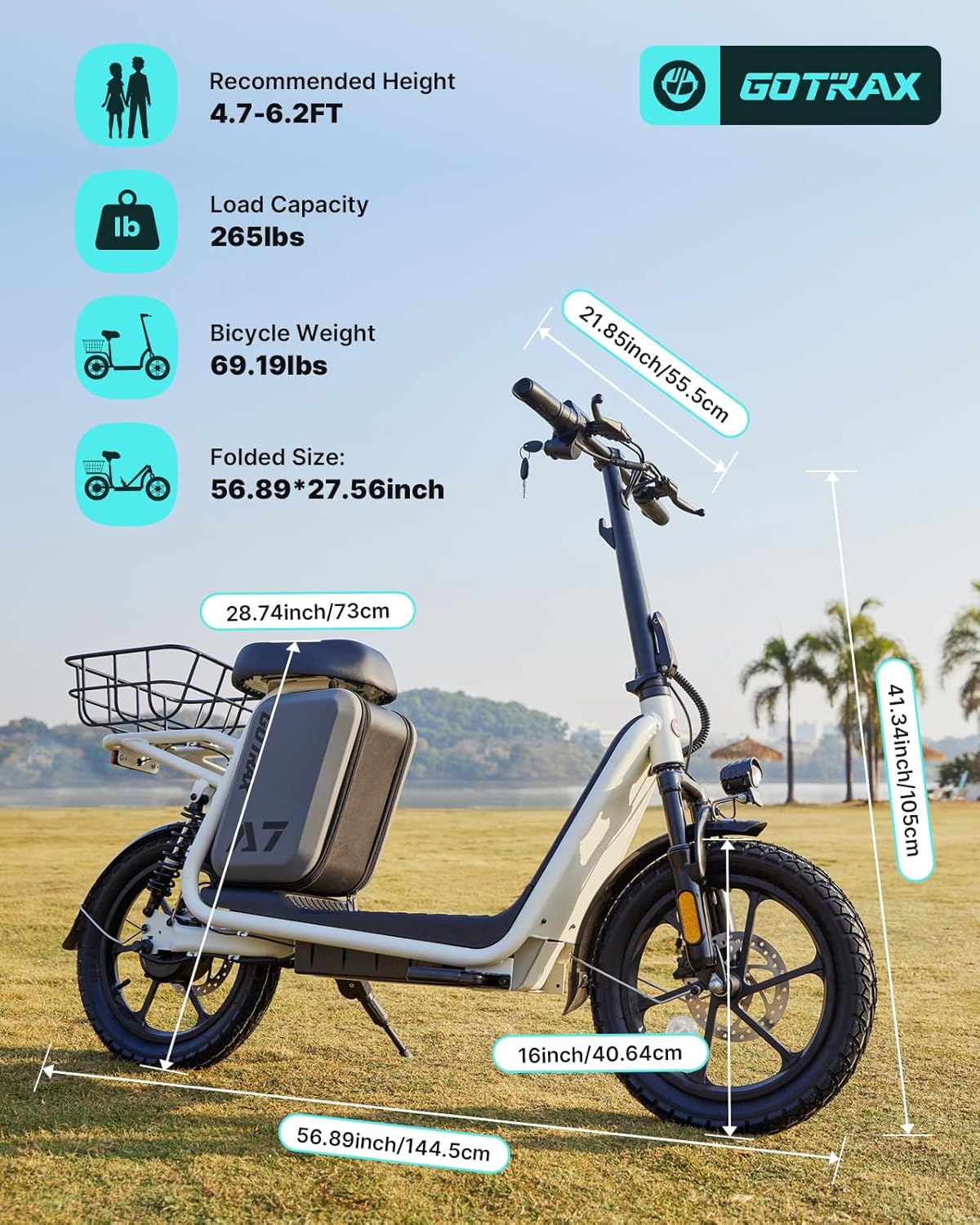 Gotrax adult electric scooter with seat maximum range of 19-25 miles all-terrain tires wide pedals