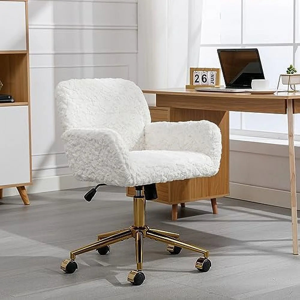 Fluffy Desk Chair,Height Adjustable Vanity Chair with Wheels,Comfortable Faux Fur Desk Chair with goldenn Base, Arm Chair for Bedroom,Living Room,Vanity,Office - Image 5