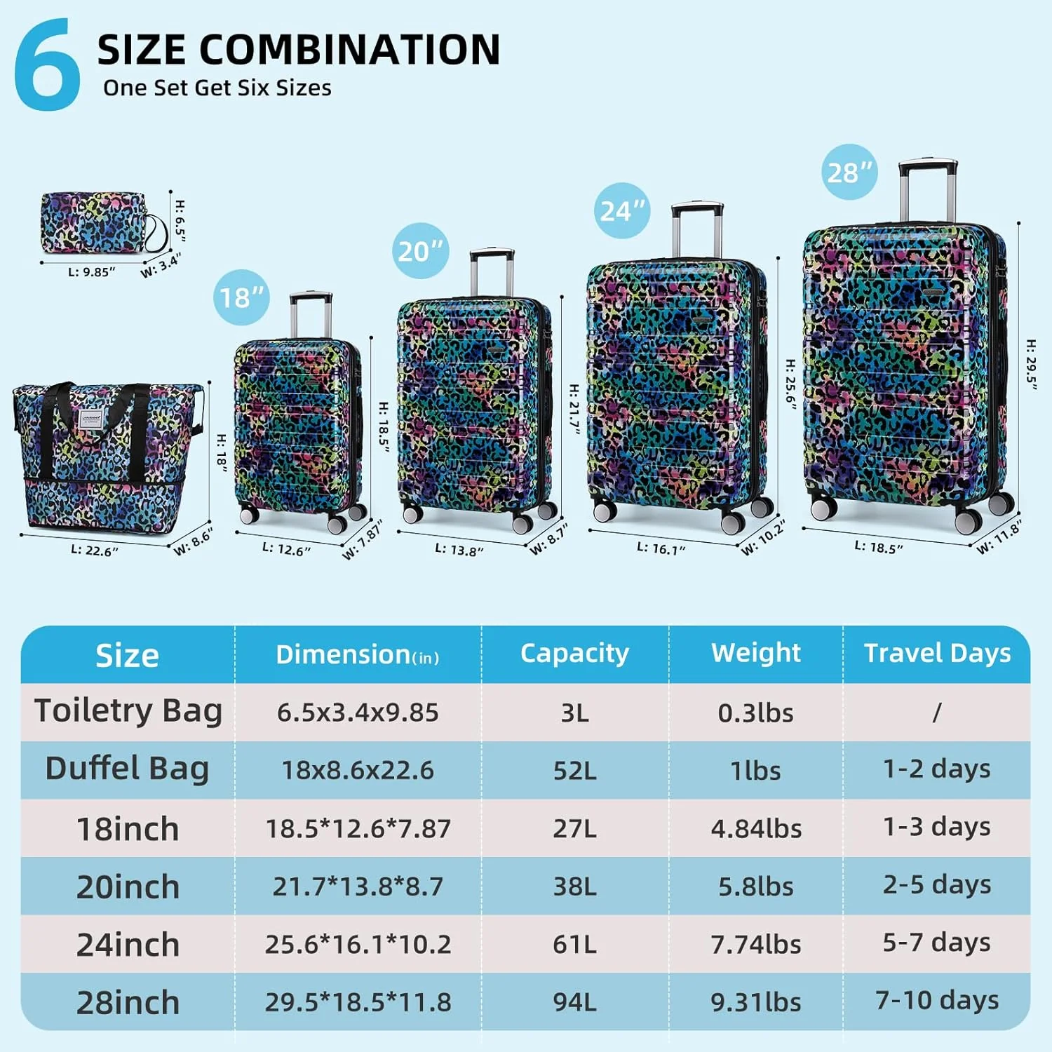 6-piece luggage set, expandable hardshell suitcase set with spinner wheels, lightweight rolling luggage set