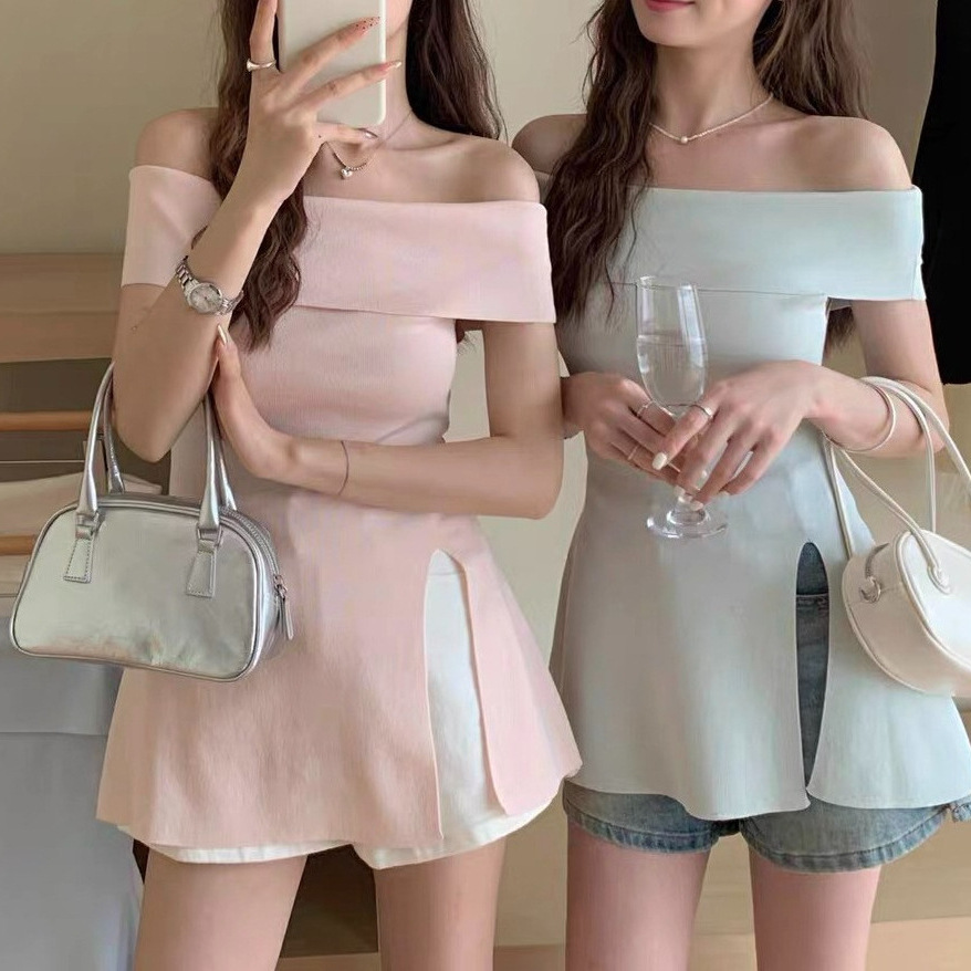 2026 Summer New Korean Style Pure Desire Style Paper Figure Slit Off-Shoulder Waist-Cinching Knit Top