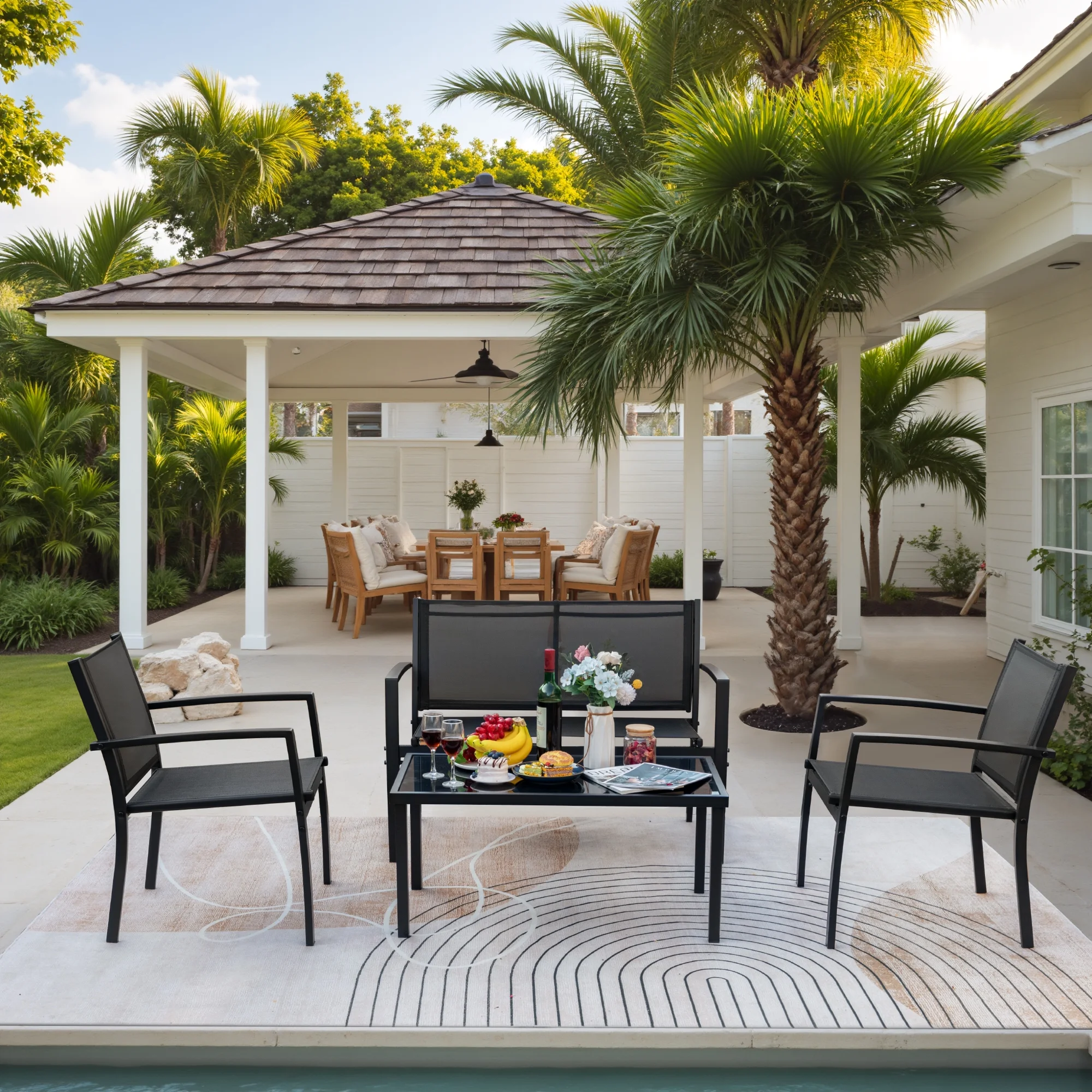 LACOO 4 Pieces Outdoor Furniture Set Patio Textilene Steel Conversation Set with Loveseat Tea Table for Lawn and Balcony, Black - Image 8