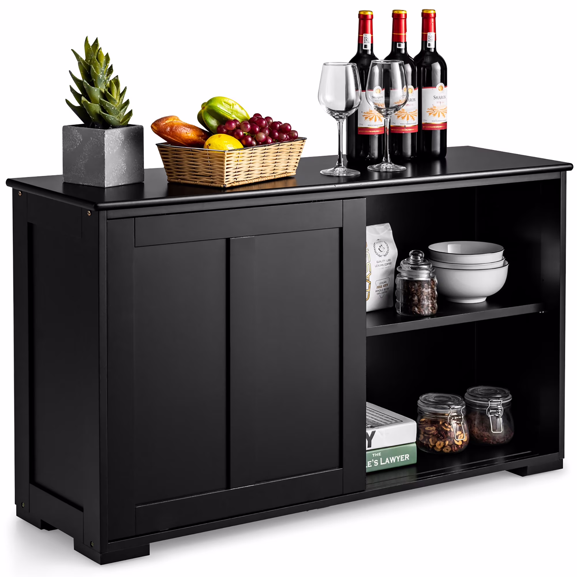 Costway Kitchen Storage Cabinet Sideboard Buffet Cupboard Wood Sliding Door Pantry White - Image 5