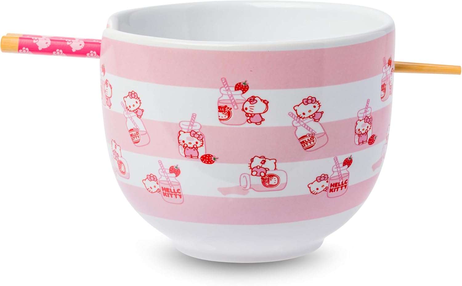 Silver Buffalo Sanrio Hello Kitty Face with Different Color Bows Pattern Ceramic Ramen Noodle Rice Bowl with Chopsticks, Microwave Safe, 20 Ounces
