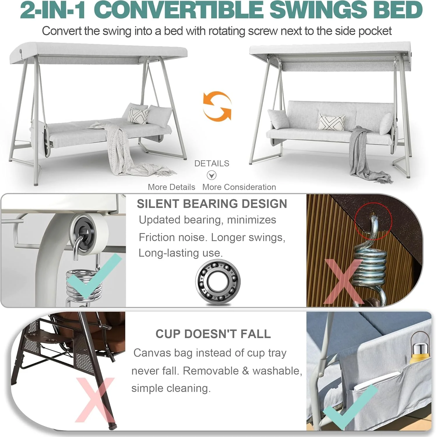 CHINNLUU Oversized 4 Person Porch Swing with Stand 800 LBS Capacity Adjustable Canopy Backrest Includes Cushions Pillows Patio 2 in 1 Swing Bed for Backyard Garden Poolside, Champagne - Image 11