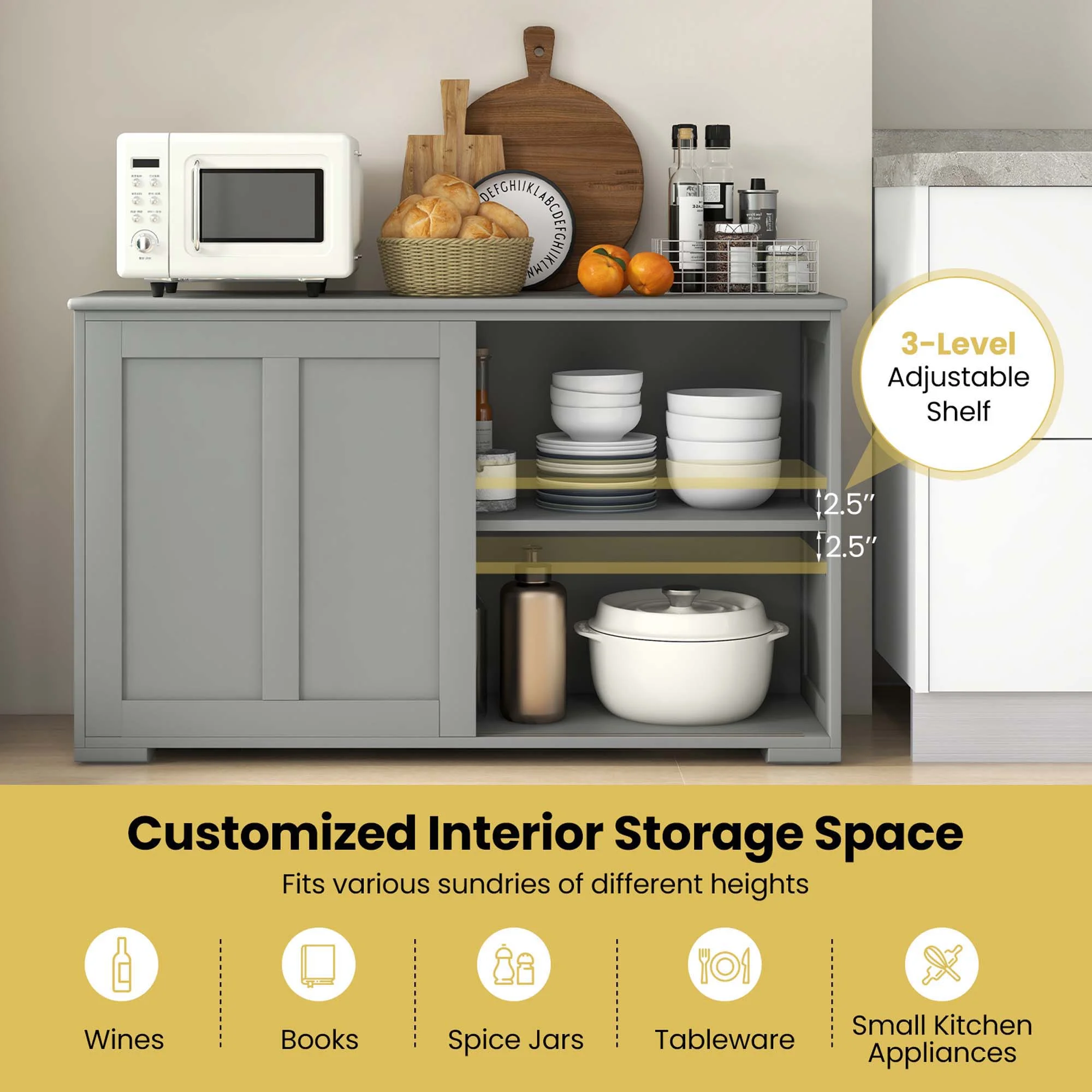 Costway Kitchen Storage Cabinet Sideboard Buffet Cupboard Wood Sliding Door Pantry White - Image 36