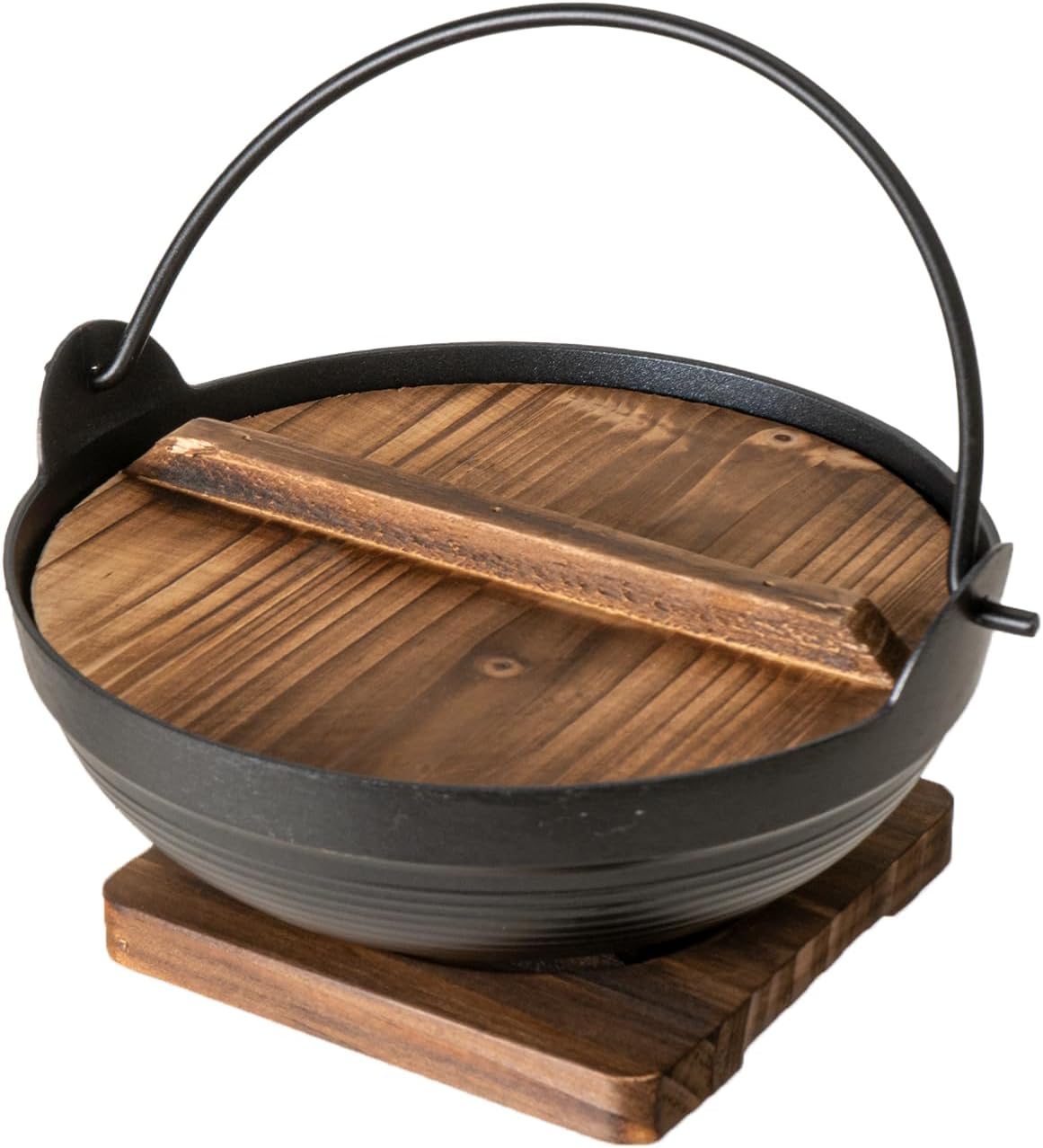 Urban Tokyo Sukiyaki Tetsu Nabe Pot with Wooden Lid and Tray Japanese Style Nabemono Hot Pot Hiking Stove Pan Stockpot Wok for Outdoor Aluminum Alloy