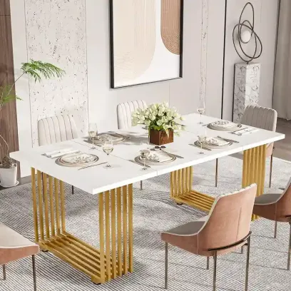 Modern Dining Table with Rectangular Top and Metal Base for 6 to 8 Seating
