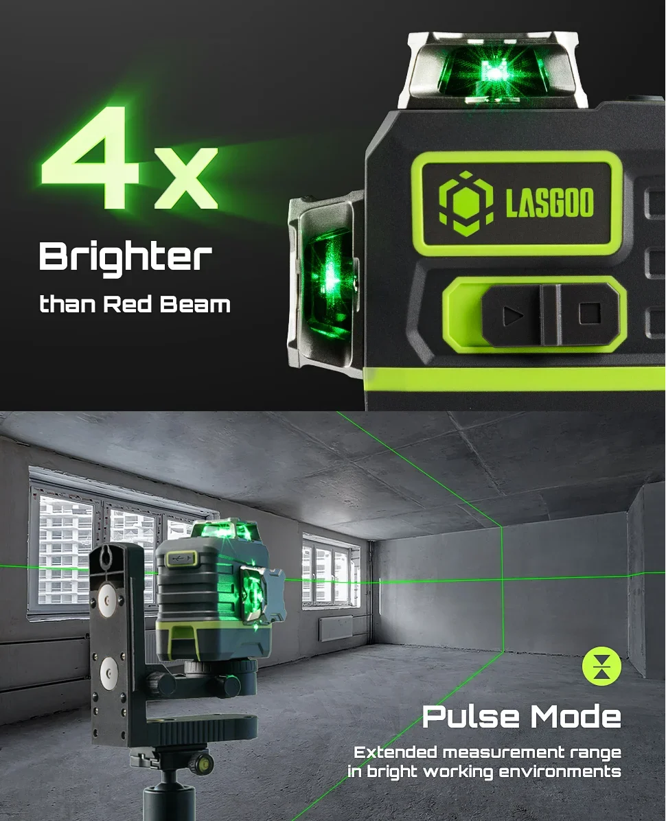 Laser Level 3x360- LASGOO with Remote Control, 2 Rechargeable Batteries, 100FT Range, 360- Magnetic Rotating Stand, IP54, 3Ds