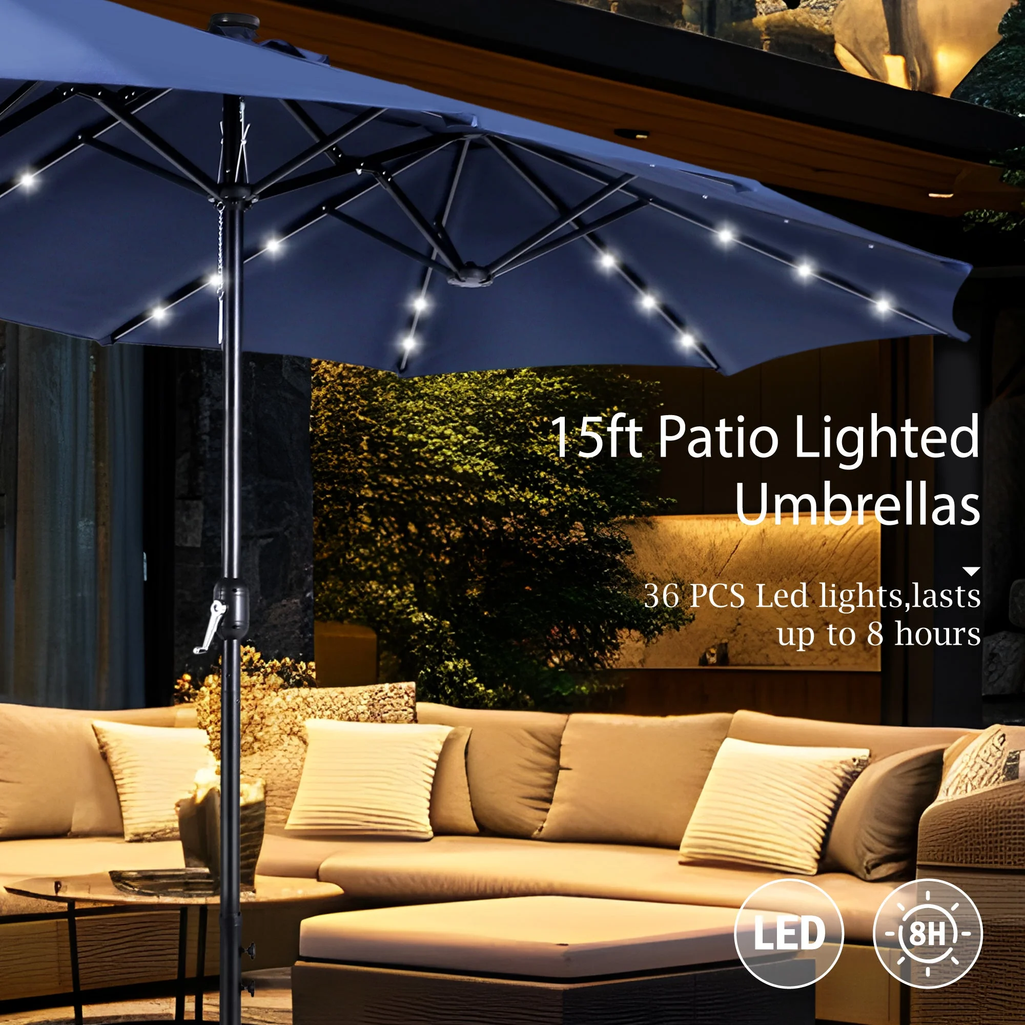 Alpha Joy 15ft Extra Large Outdoor Patio Double-Sided Umbrella with LED Solar Lights & Umbrella Base, Beige - Image 73
