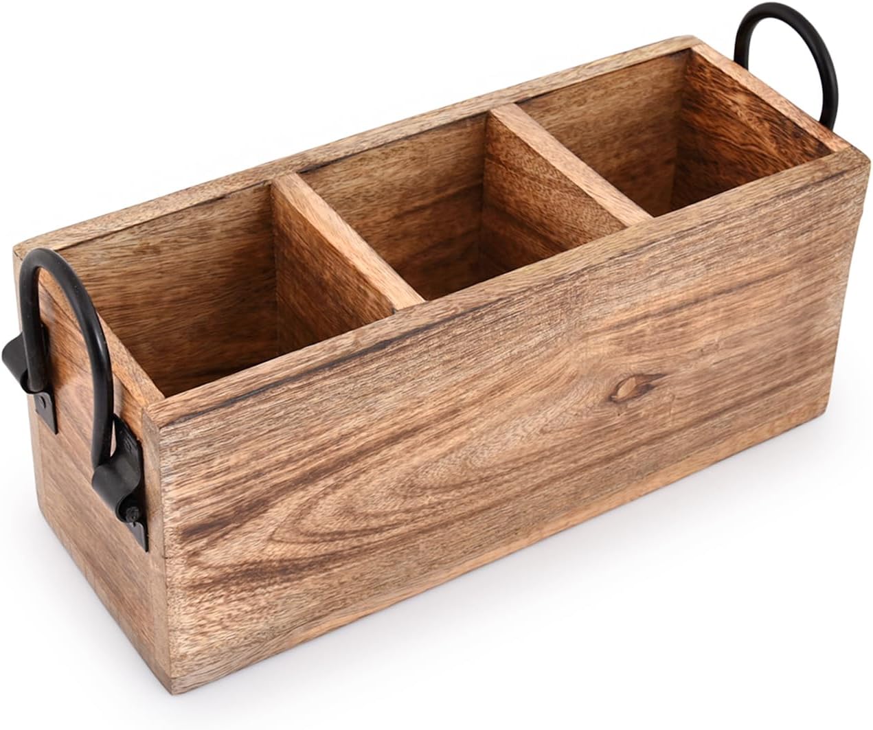 Samhita Mango Wood Cutlery Holder Caddy Organizer Wooden Utensil Storage Organizer Countertop for Silverware Fork Spoon Spatula 3 compartments (11