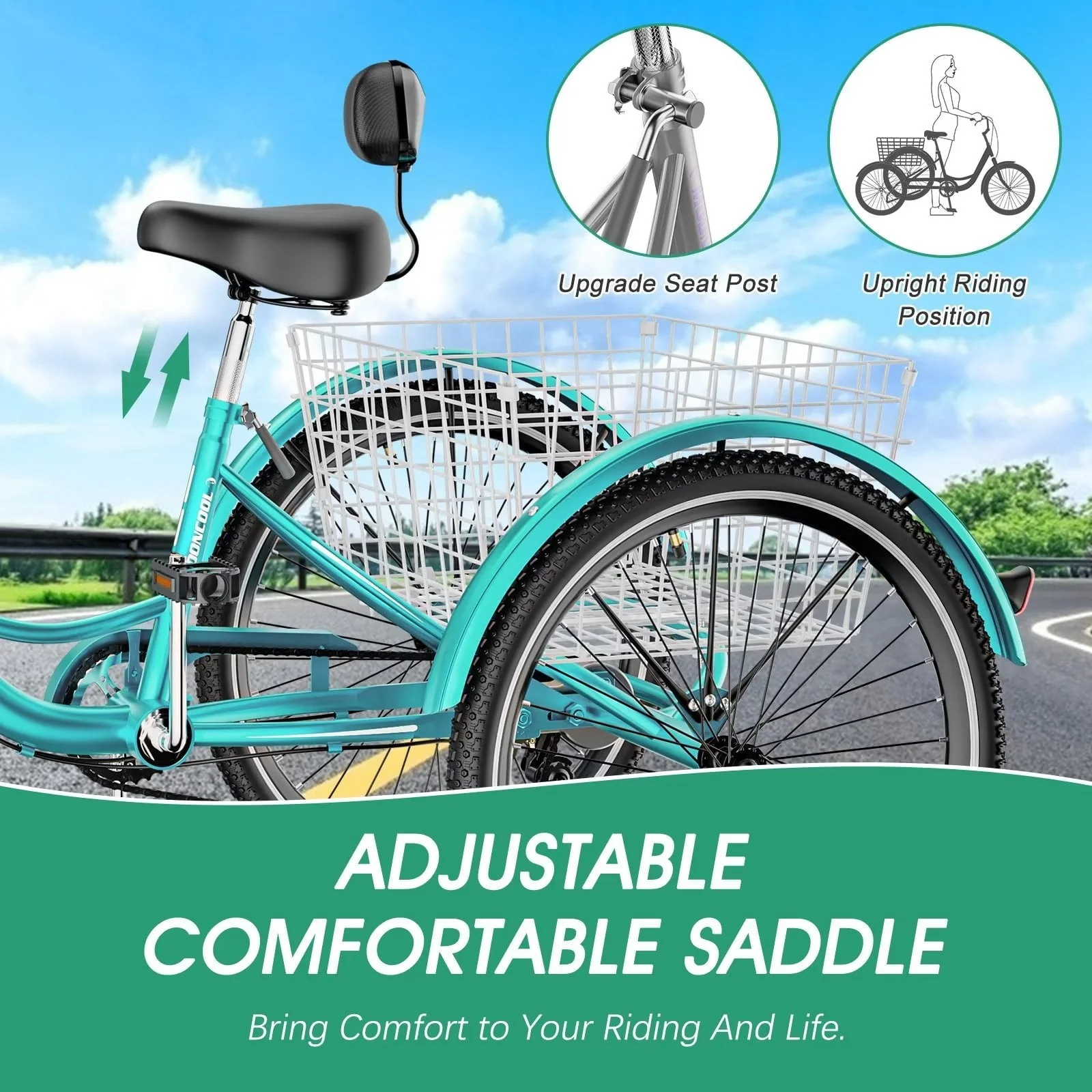 MOPHOTO Adult Tricycle 20/24/26 inch 3 Wheel Bicycle,3 Wheel Bikes for Adults,7 Speed Low Stepover Frame Tricycle with Basket/Bell,3 Wheel Bicycle for Seniors,Women,Men - Image 3