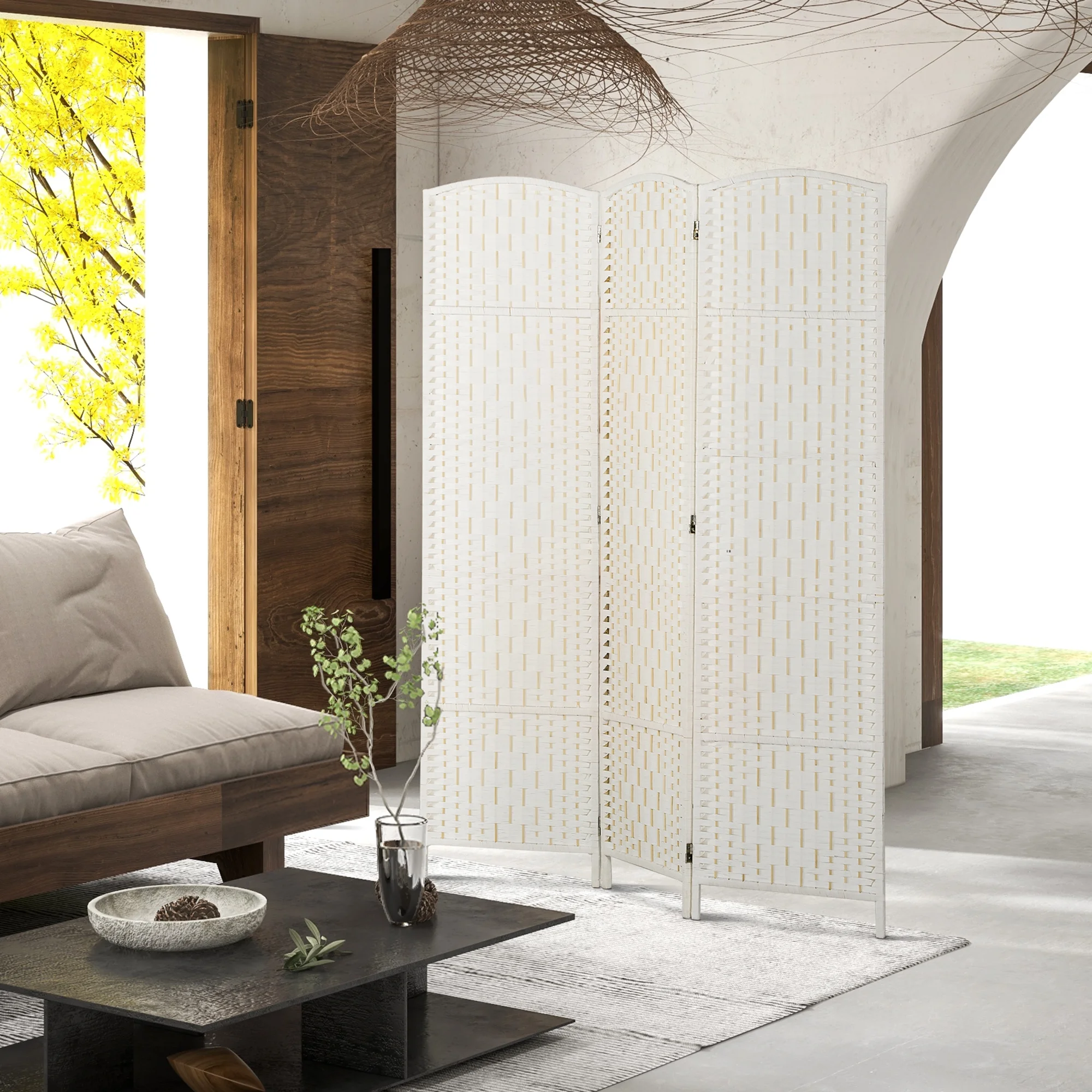 HOMCOM Room Divider, 3 Panel Folding Privacy Screen, 6FT Tall Portable Wicker Weave Partition Wall Divider for Bedroom, Home Office, White - Image 6