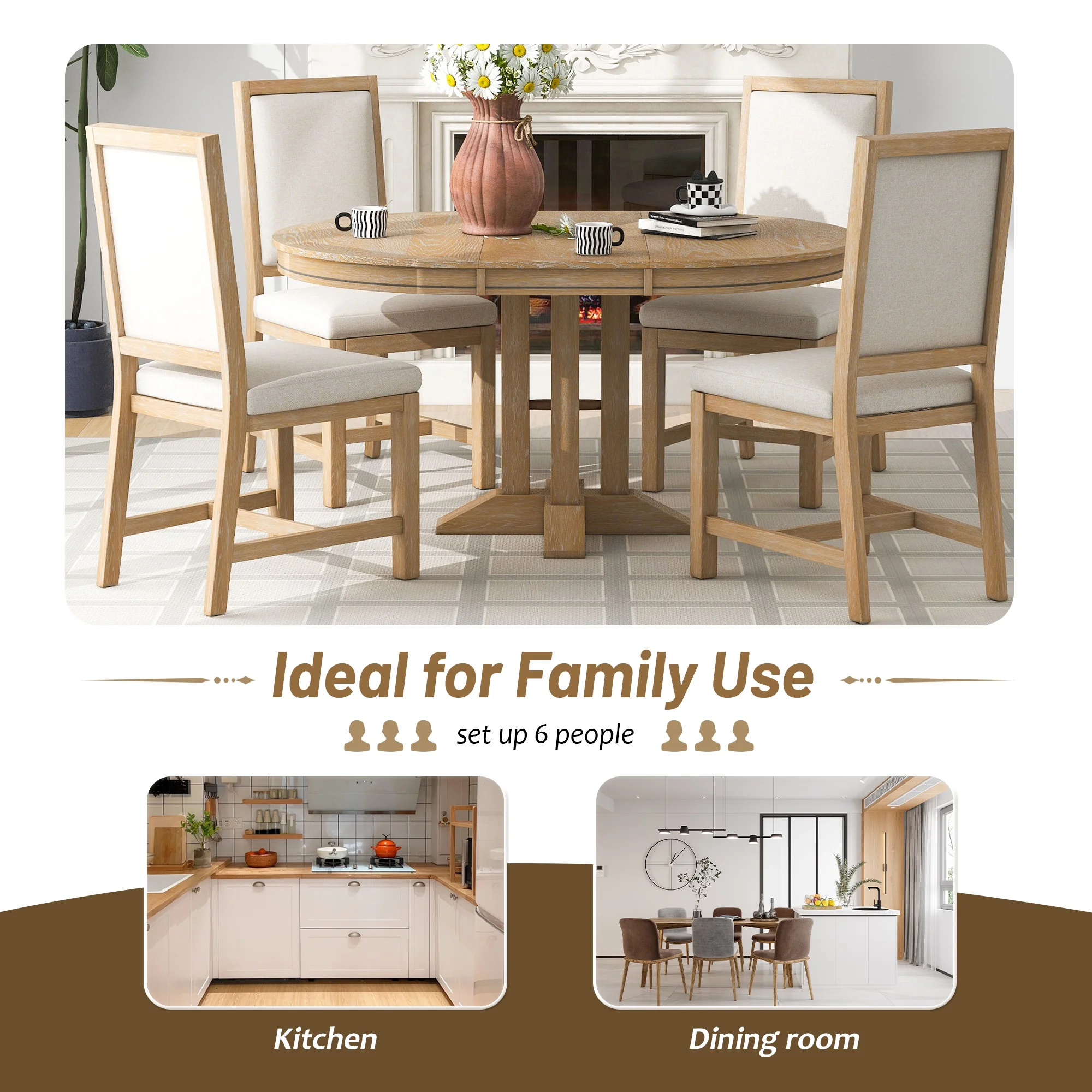 5 Piece Round Dining Table Set, Dining Room Set with Extendable Table and 4 Upholstered Chairs, Wood Dining Table Set for 4, Farmhouse Dining Table Set for Kitchen Dining Room Dorm Apartment, Brown - Image 8