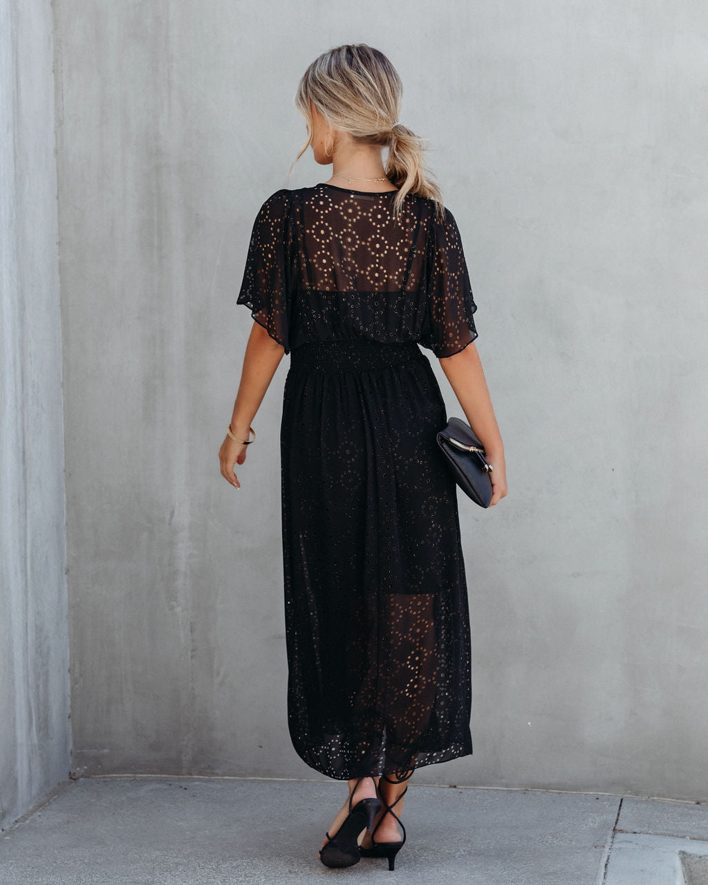 Thumbelina Metallic Eyelet Midi Dress - Black - Se7enfashion