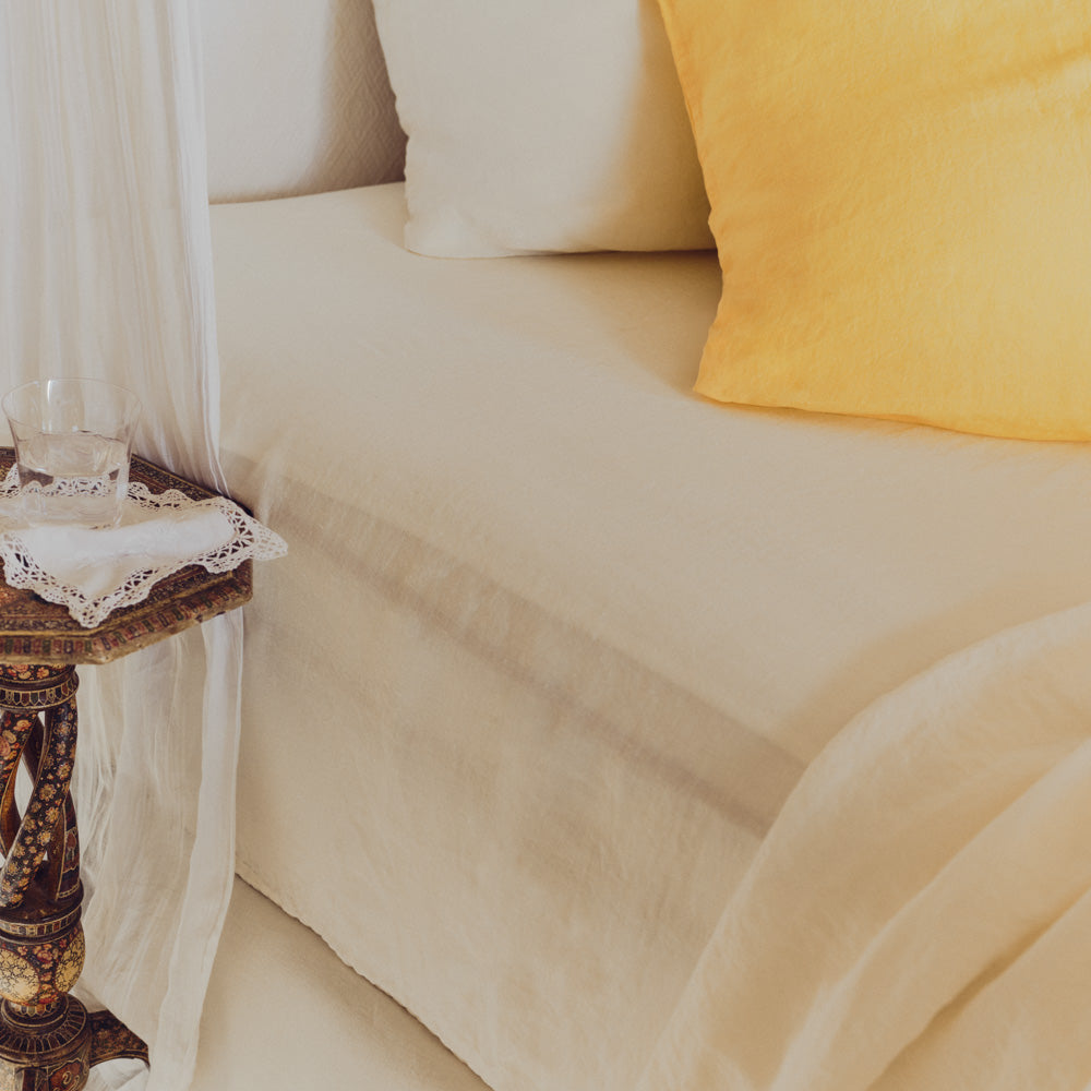Drap housse en lin lavé - Blanc Coquillage