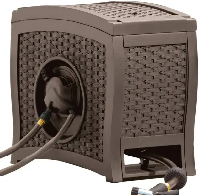 Suncast Aquawinder 125 Wicker Garden Hose Reel Lightweight Portable Hands Free Water Powered Retractable Hose Reel Java