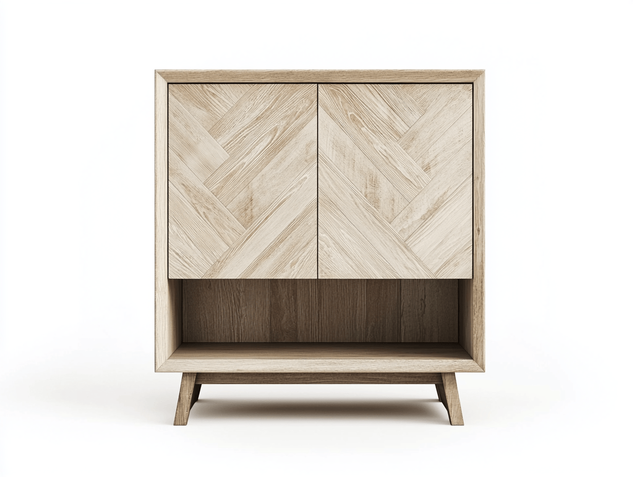 Armario moderno 70×35×85 cm – madera blanca decapada – 2 puertas con patrón espiga y espacio inferior abierto