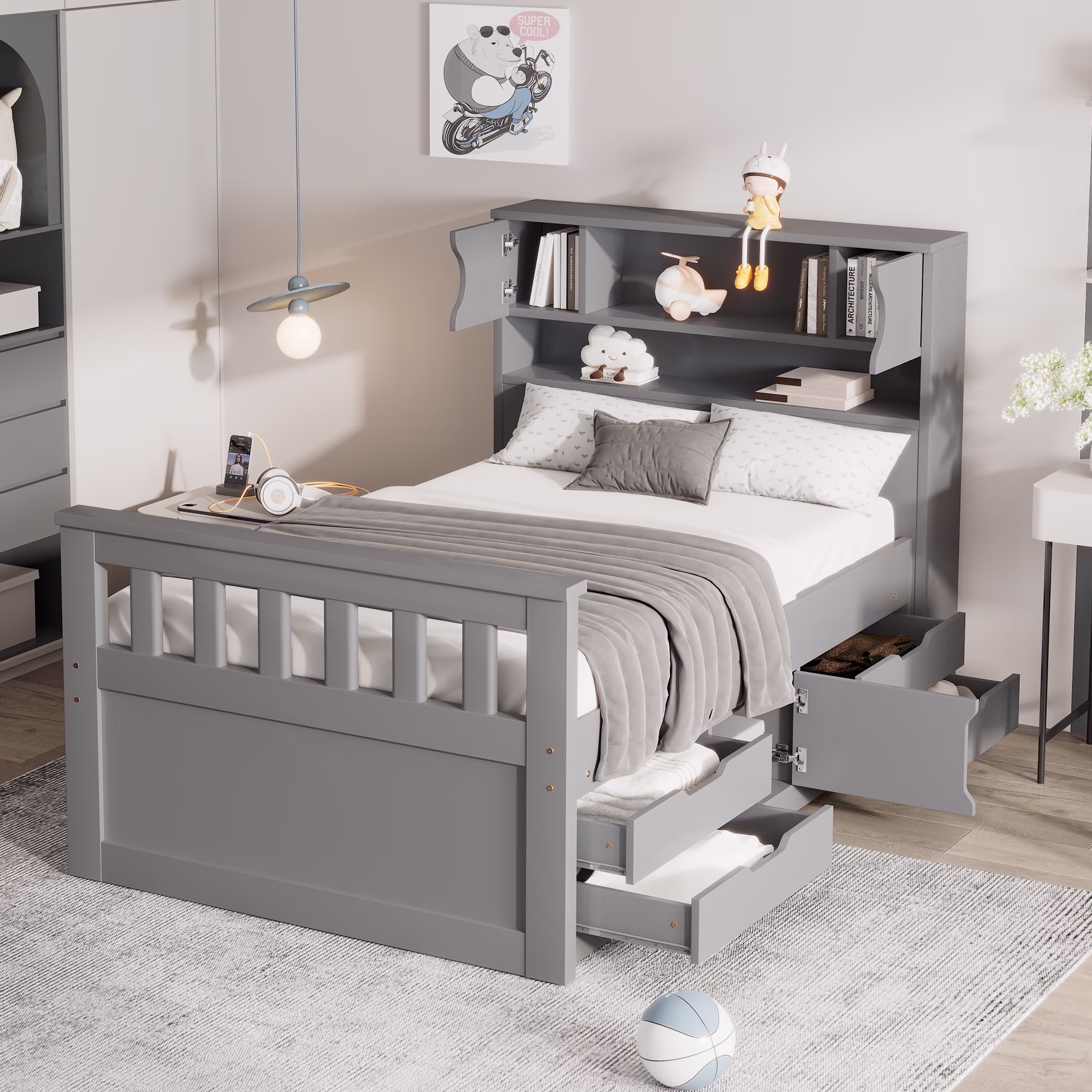 Euroco Wood Twin Size Platform Bed with Storage Headboard, Captain Bed with 4 Drawers, Bookcase and Cabinets, Gray(Gray)