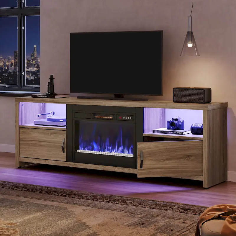 71-Inch TV Stand for 75-Inch TVs with LED Fireplace and Storage Cabinet